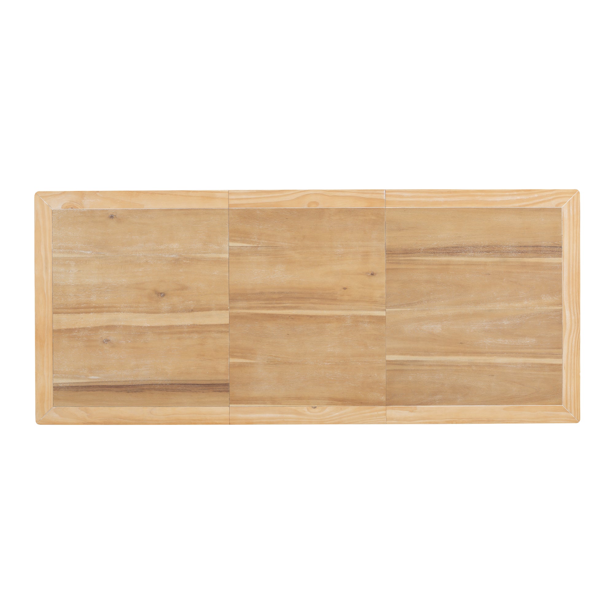 Overhead view of the solid wood tabletop showing the three-panel extendable surface