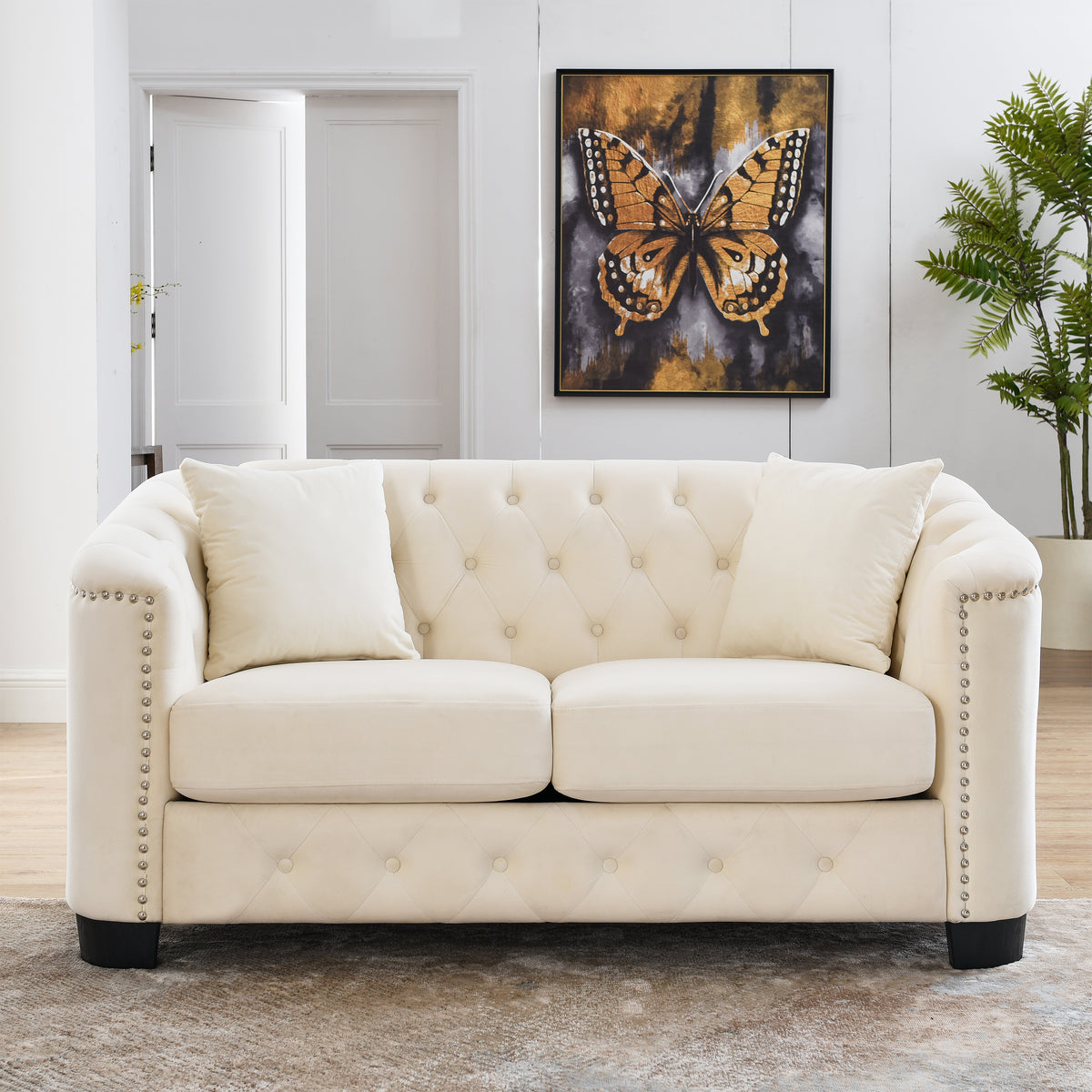Beige Velvet 2-Seat Tufted Chesterfield Sofa, 59 in Wide