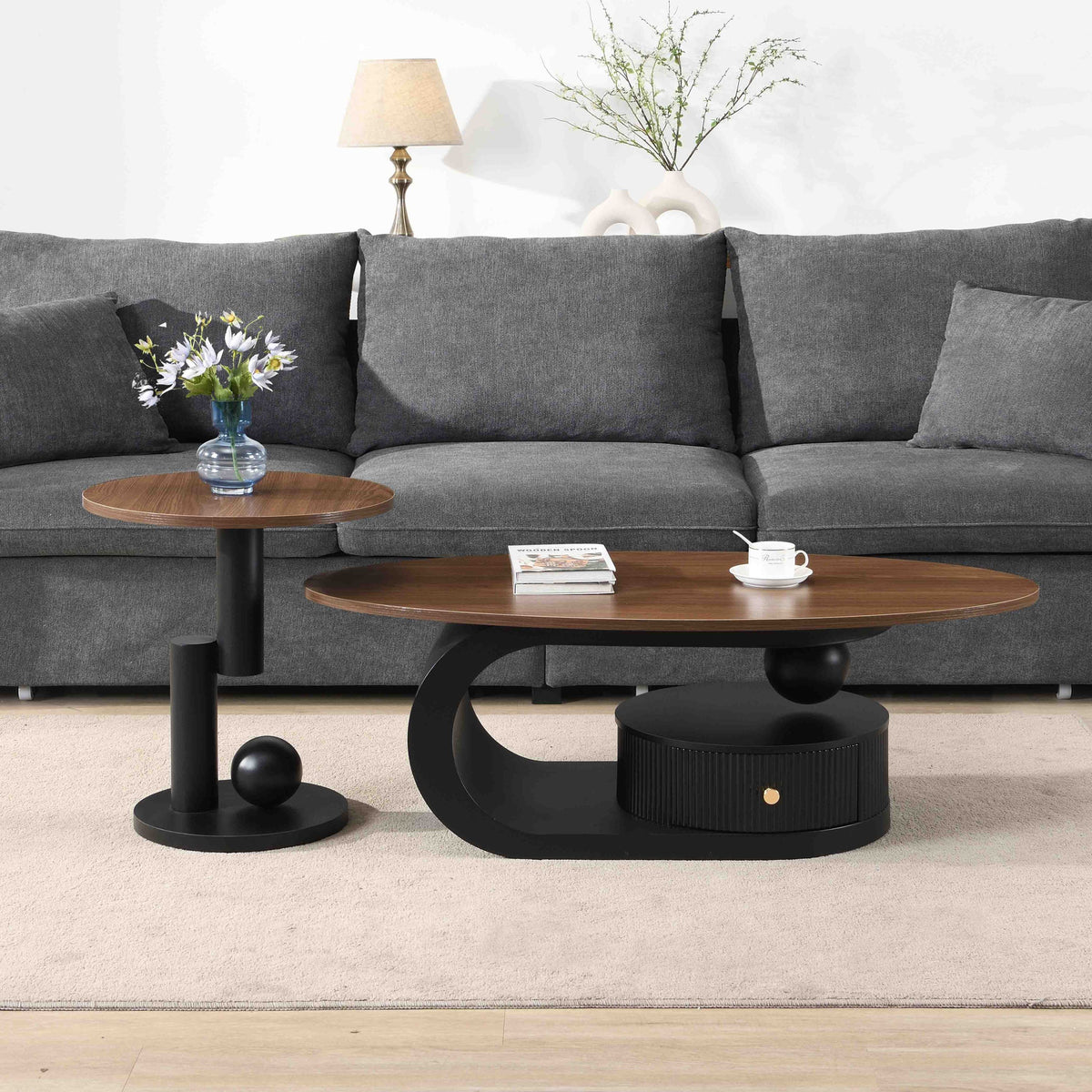 Walnut and Black Oval Coffee Table with Drawer and Side Table, Set of 2