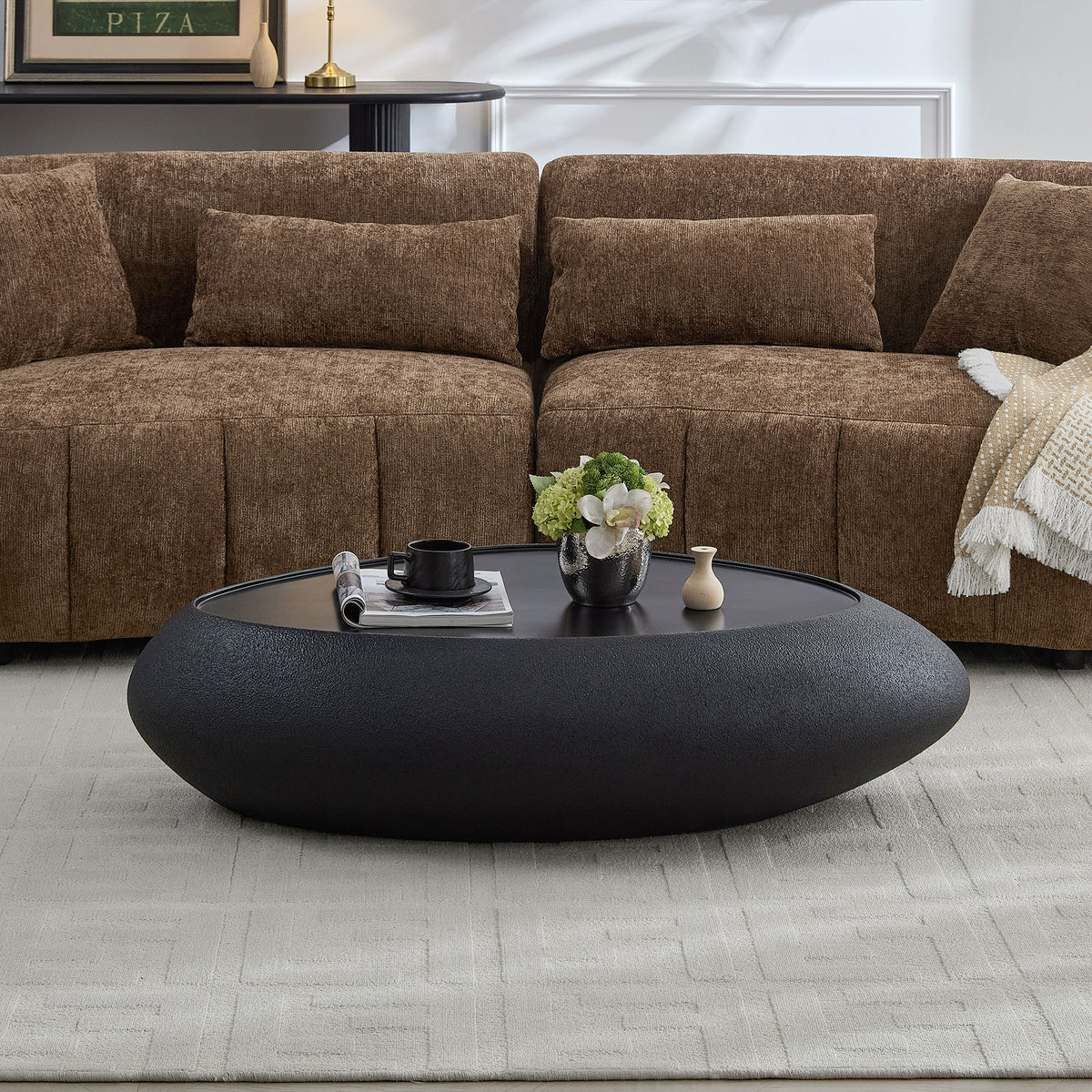Black Fiberglass Oval Pebble Coffee Table, 47.2 in