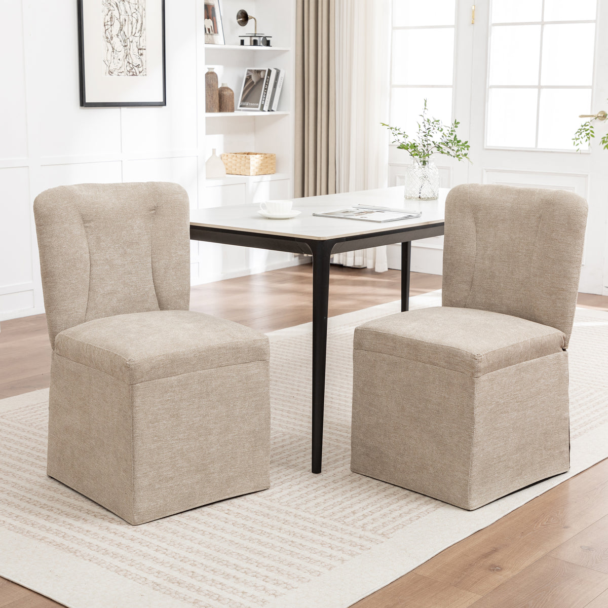 Upholstered Skirted Dining Chairs Set of 2, Brown Linen