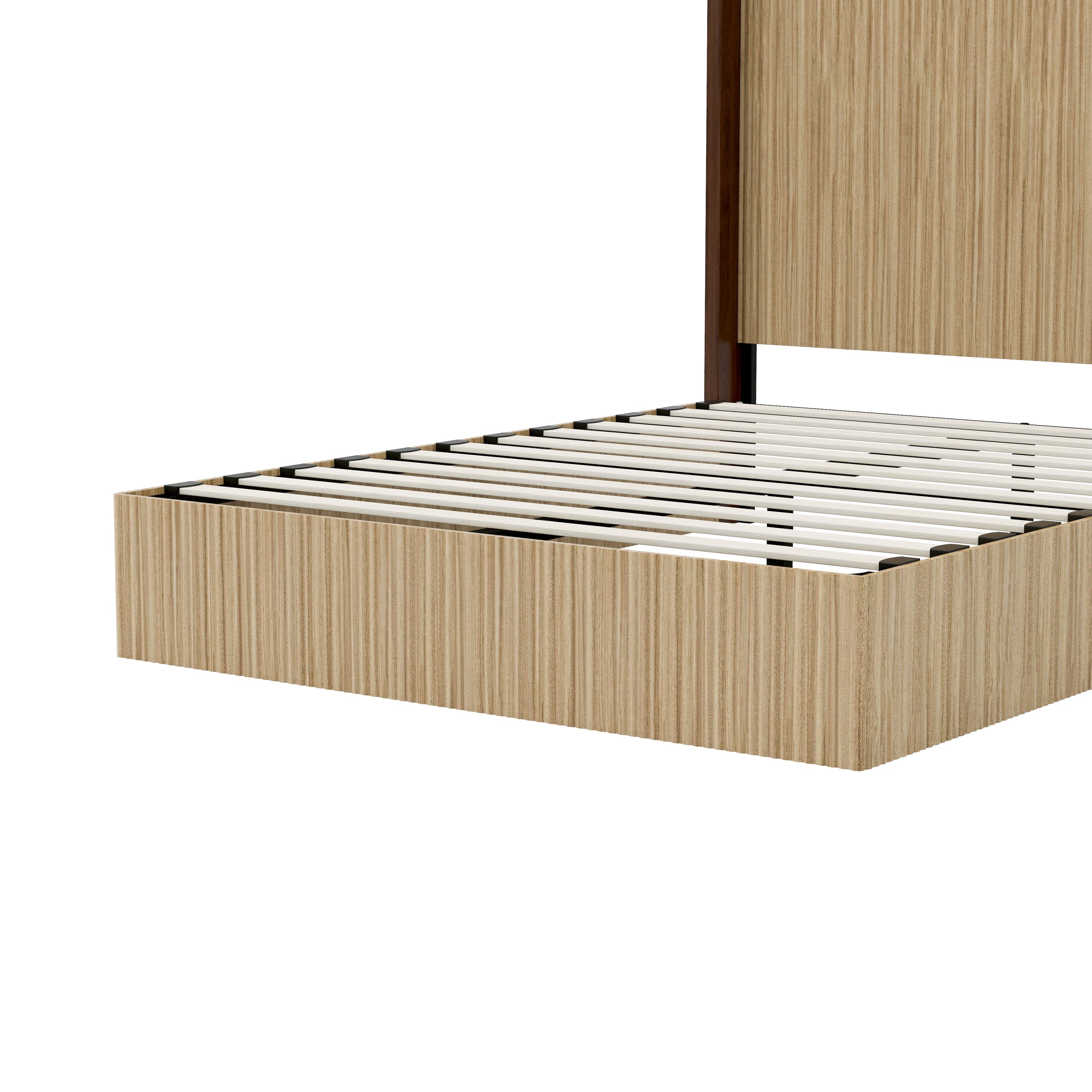 Close-up of the bare frame showing light wood slats on the enclosed vertical-grid platform base