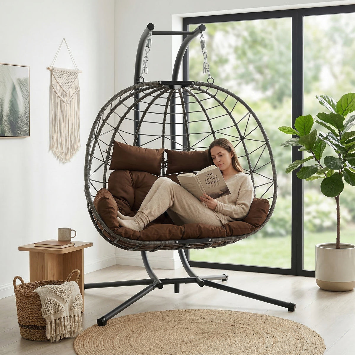 Brown Wicker 2-Person Hanging Egg Chair with Stand