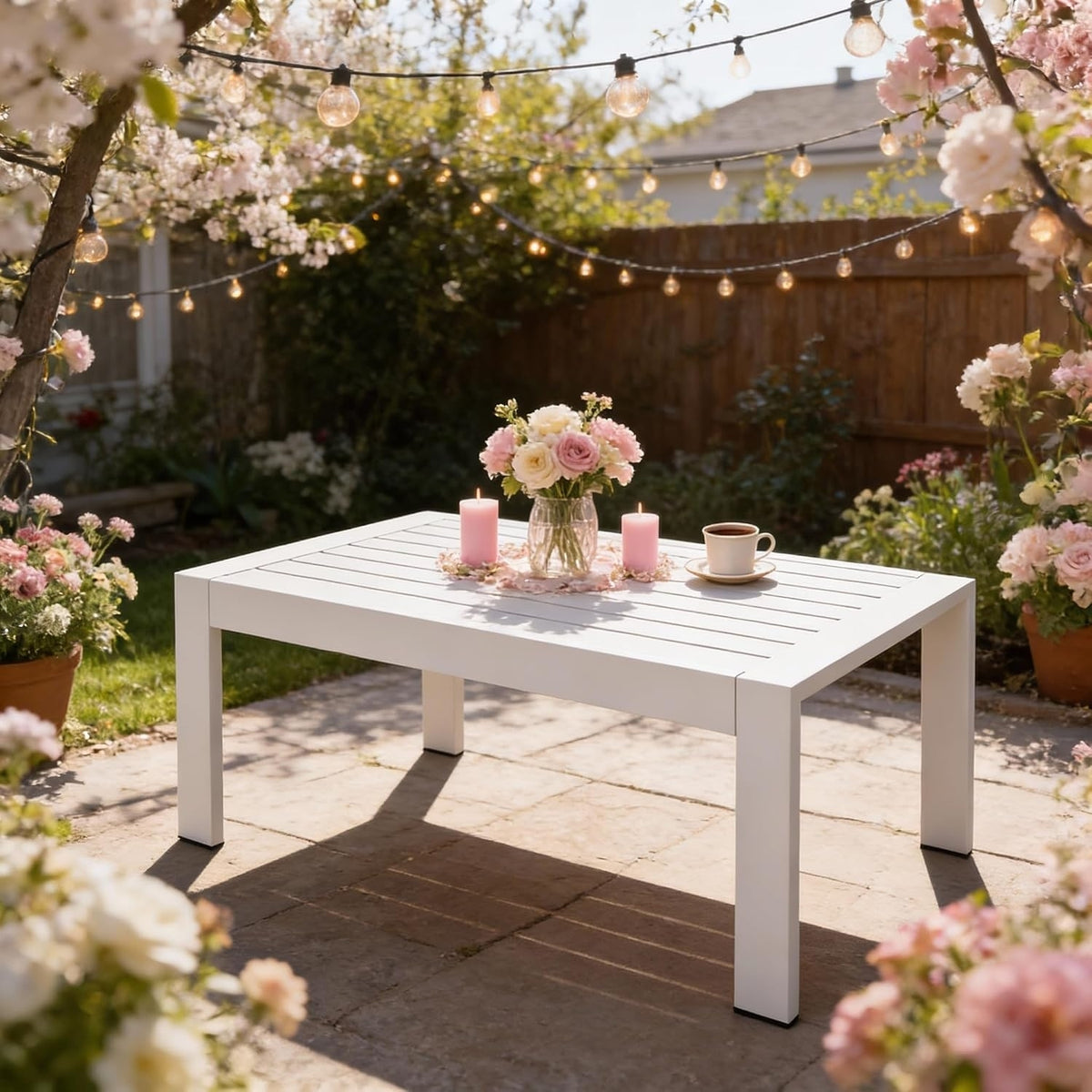 White Aluminum Outdoor Coffee Table, 43.3 in Wide