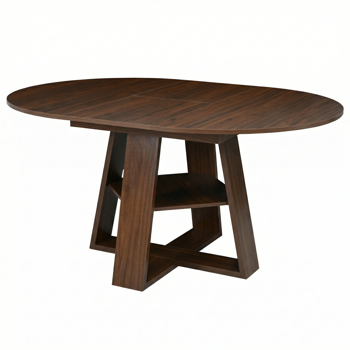 Three-quarter studio view of the walnut extended oval dining table