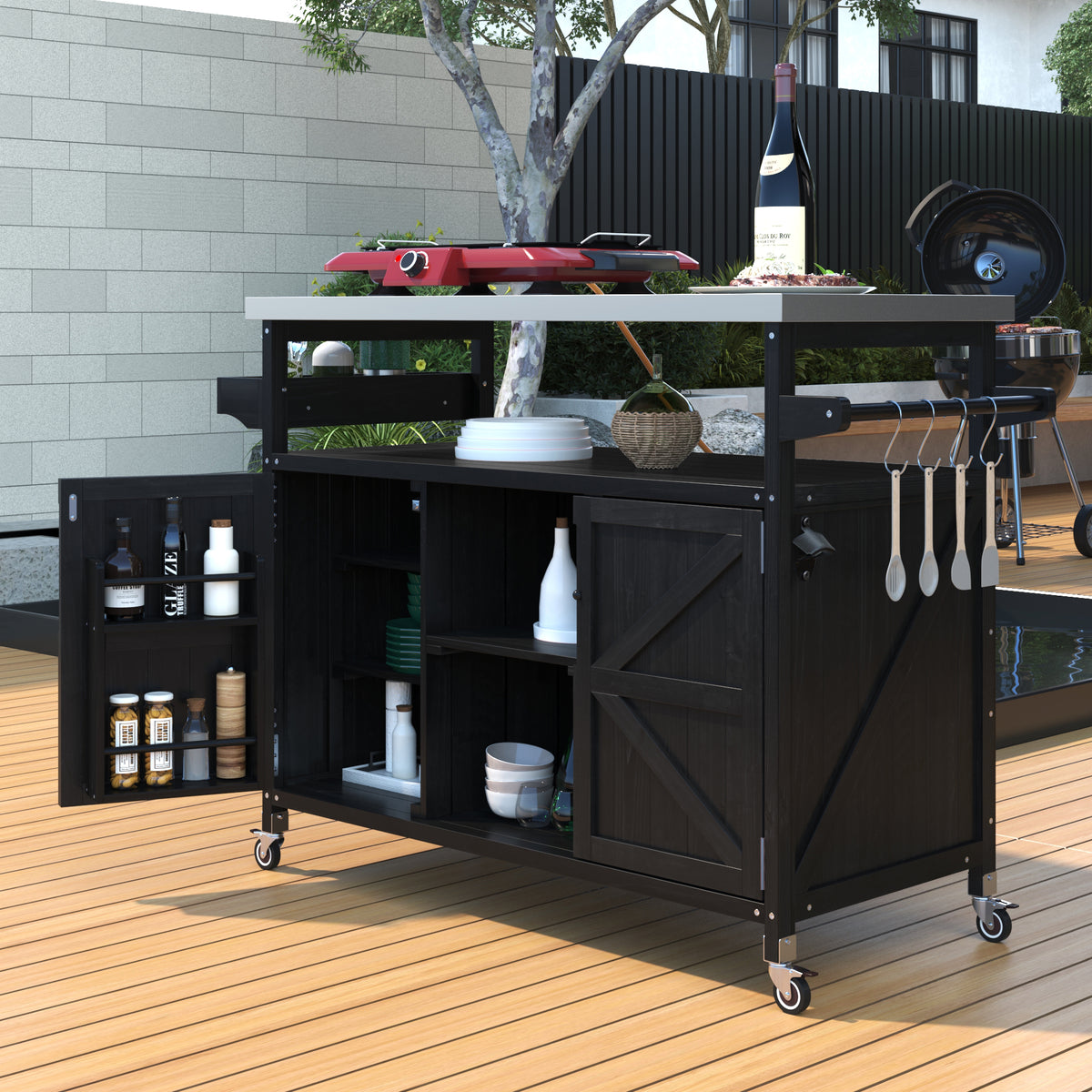 Black Solid Wood Outdoor Kitchen Island with Wheels