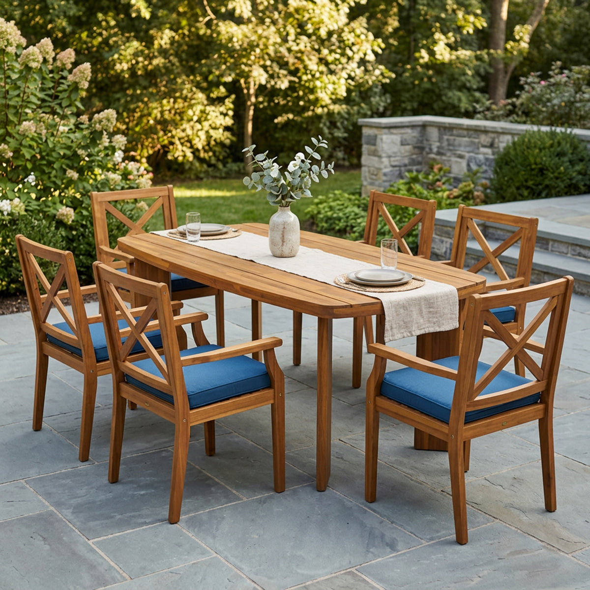 Teak Finish Solid Wood Patio Dining Set for 6 with Blue Cushions