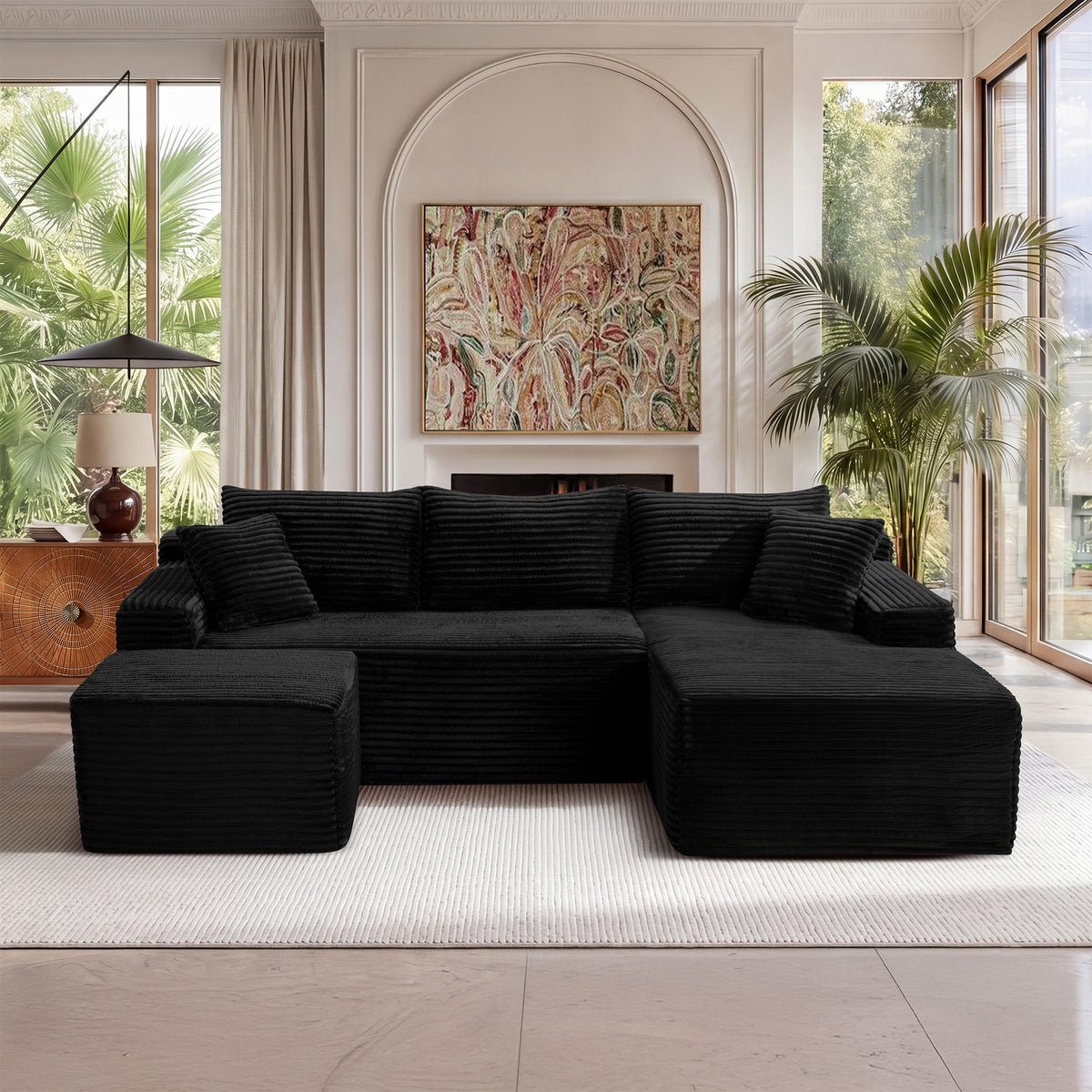 Black Corduroy U-Shaped Modular Sectional, 106.3 in Wide, Right-Facing