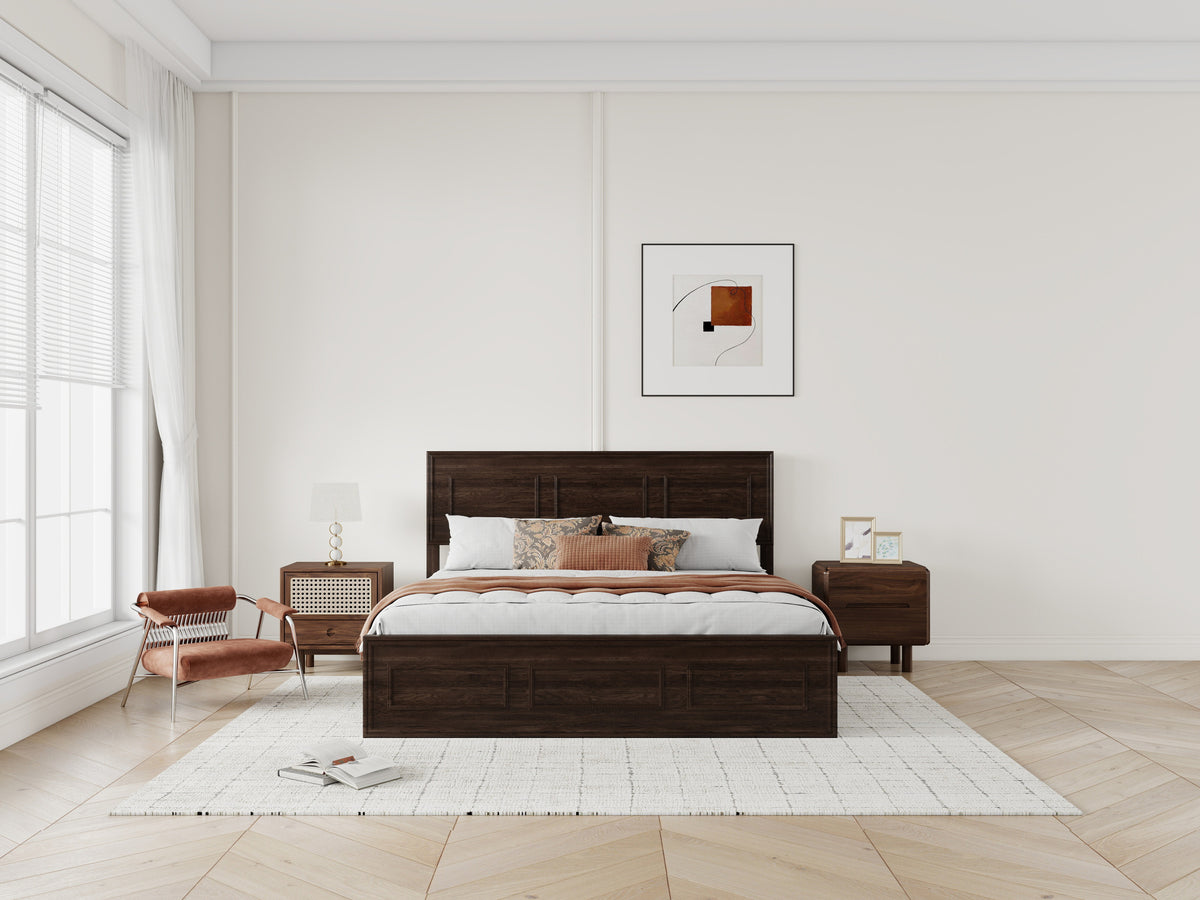 Straight-on wide view of rich brown queen panel bed centered between two nightstands