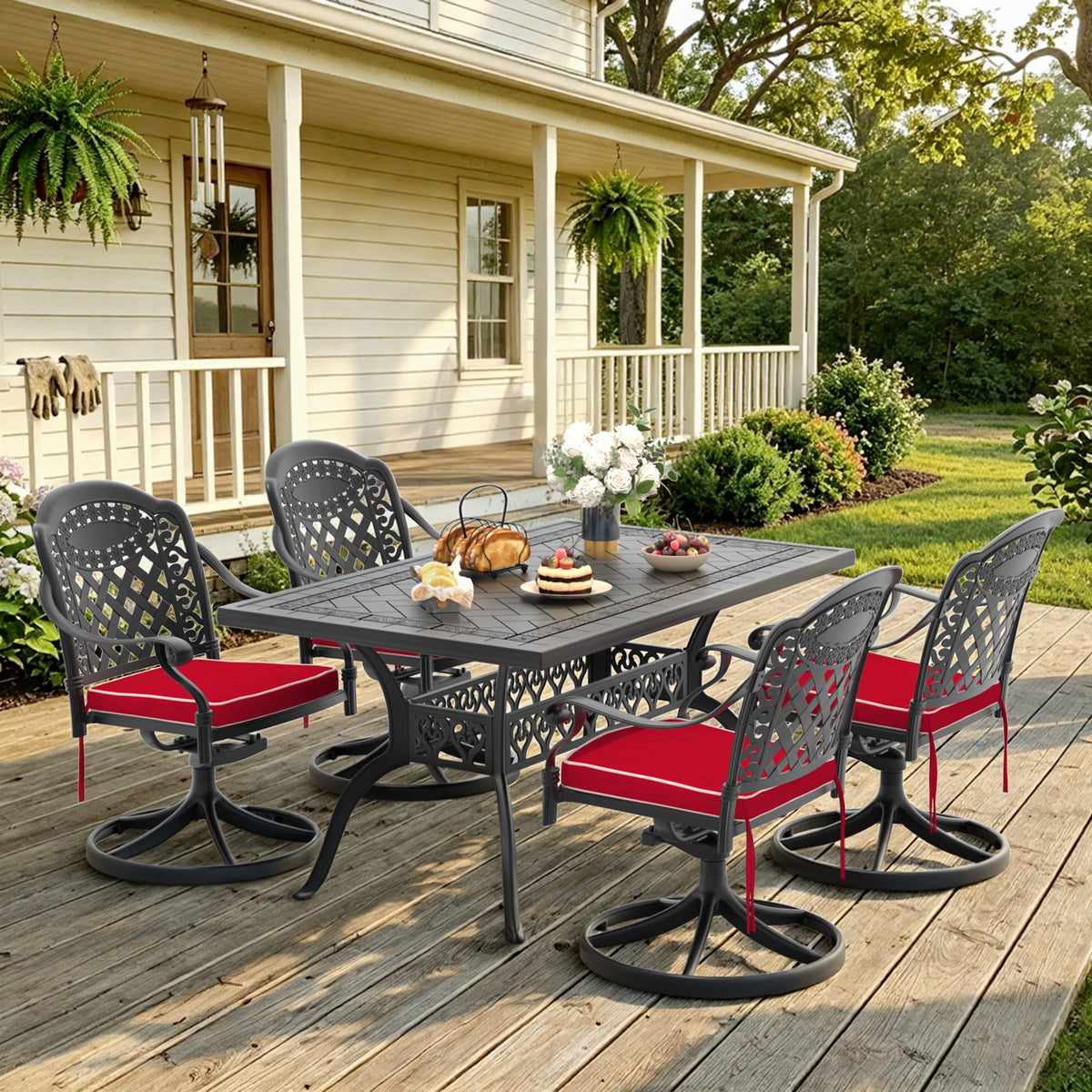 Black Aluminum 5-Piece Patio Dining Set for 4 with Cushions, Swivel