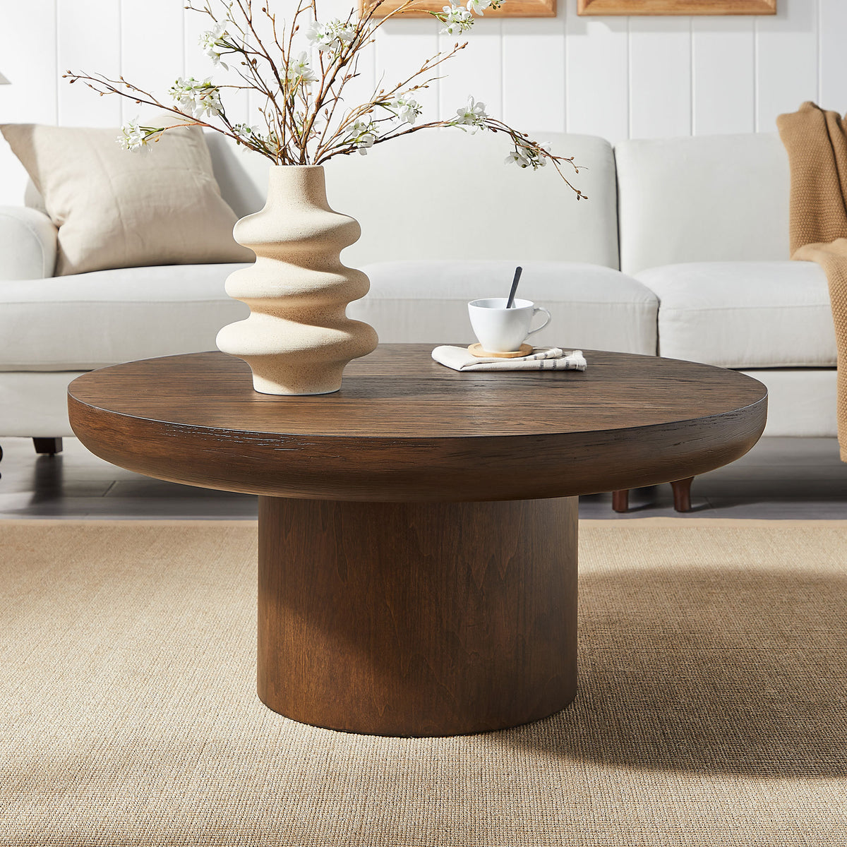Dark Brown Wood Veneer Round Pedestal Coffee Table, 36 in
