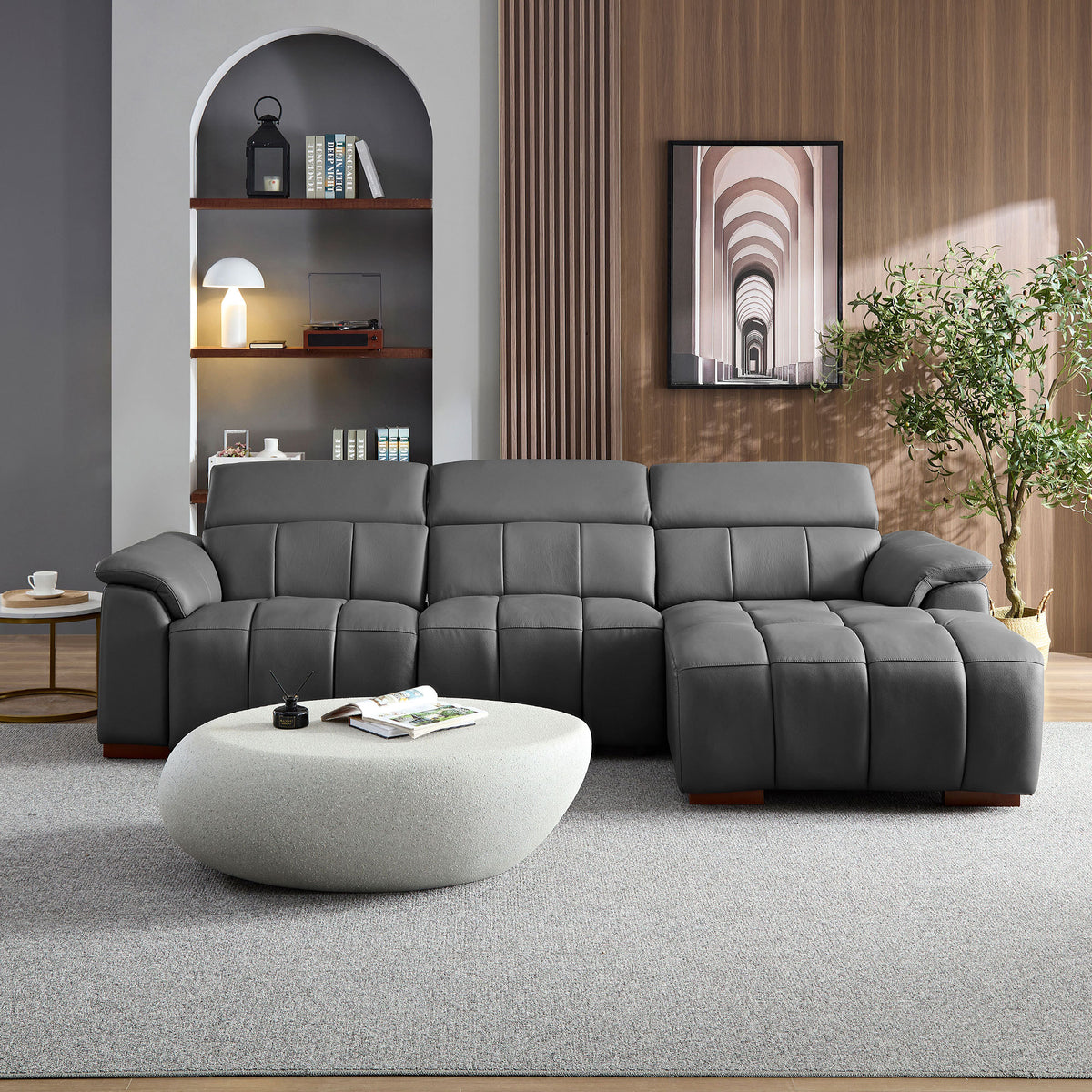 Dark Gray Genuine Leather Reclining Sectional, 113.4 in, Right-Facing