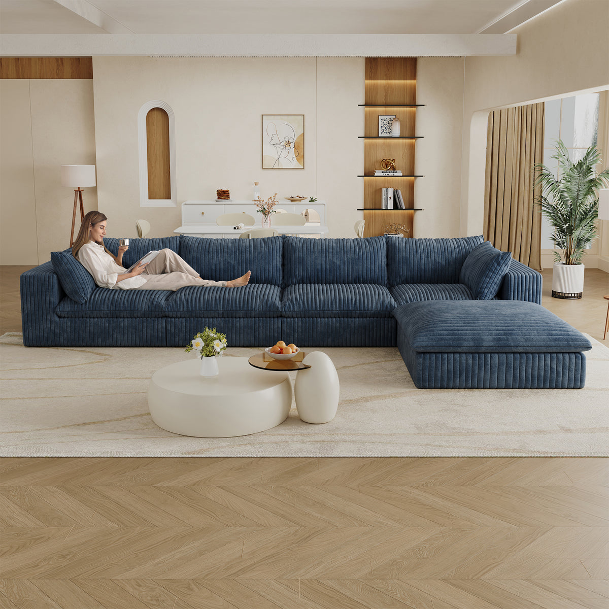 Blue Corduroy Modular 4-Seat Couch with Ottoman, 157.6 in Wide