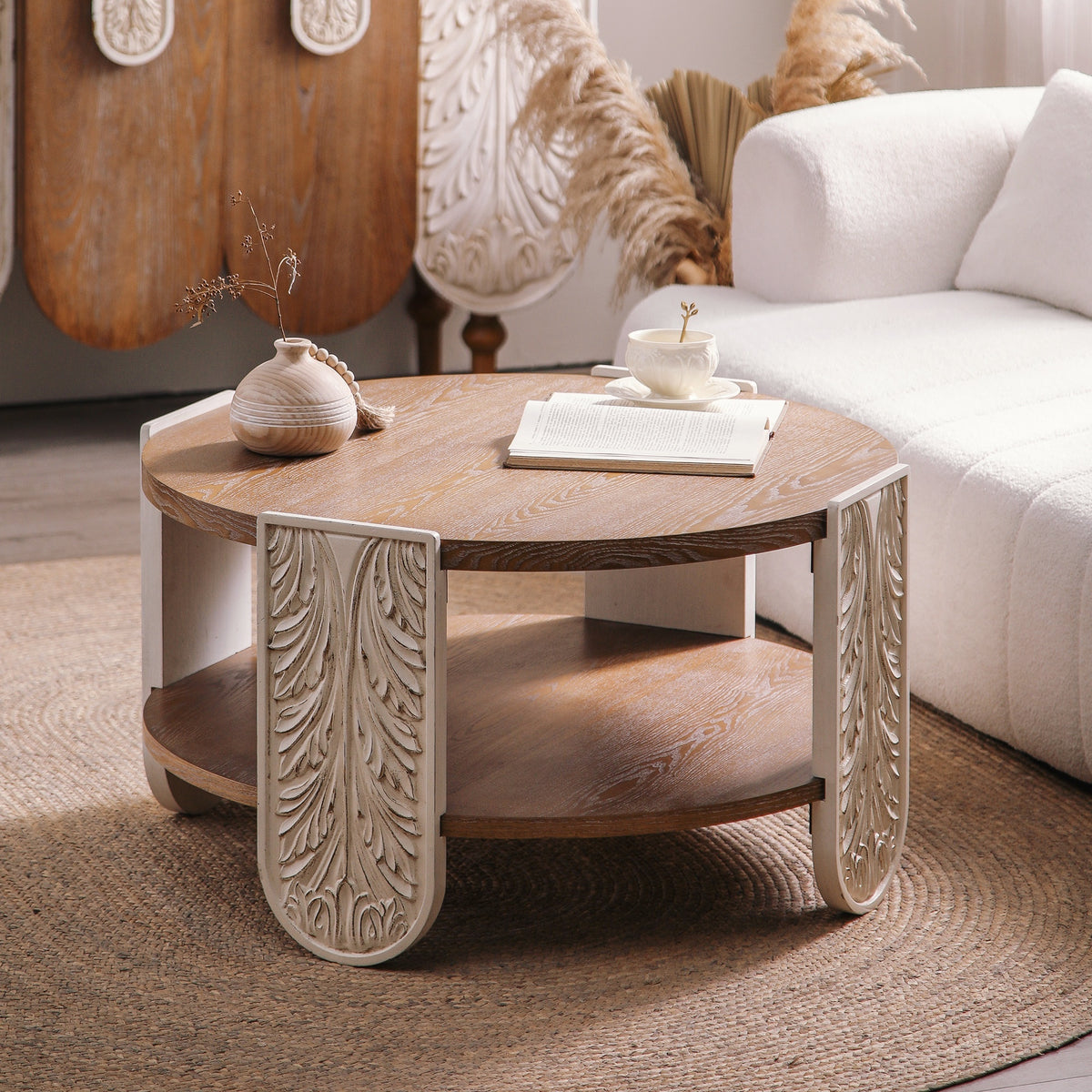 Natural and White Carved Round Coffee Table with Shelf, 31.9 in