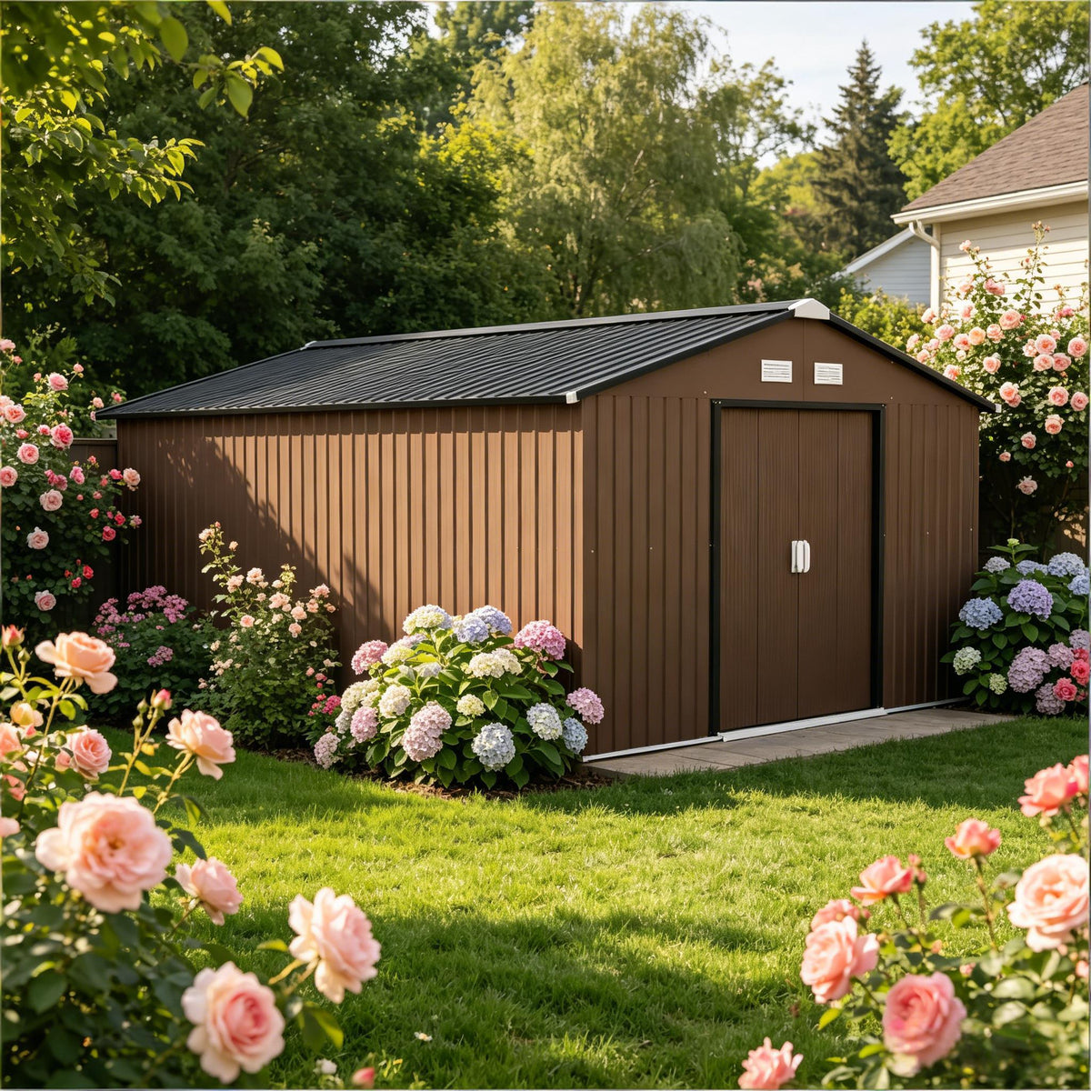 Brown Metal Storage Shed, 11.2x12.7 ft