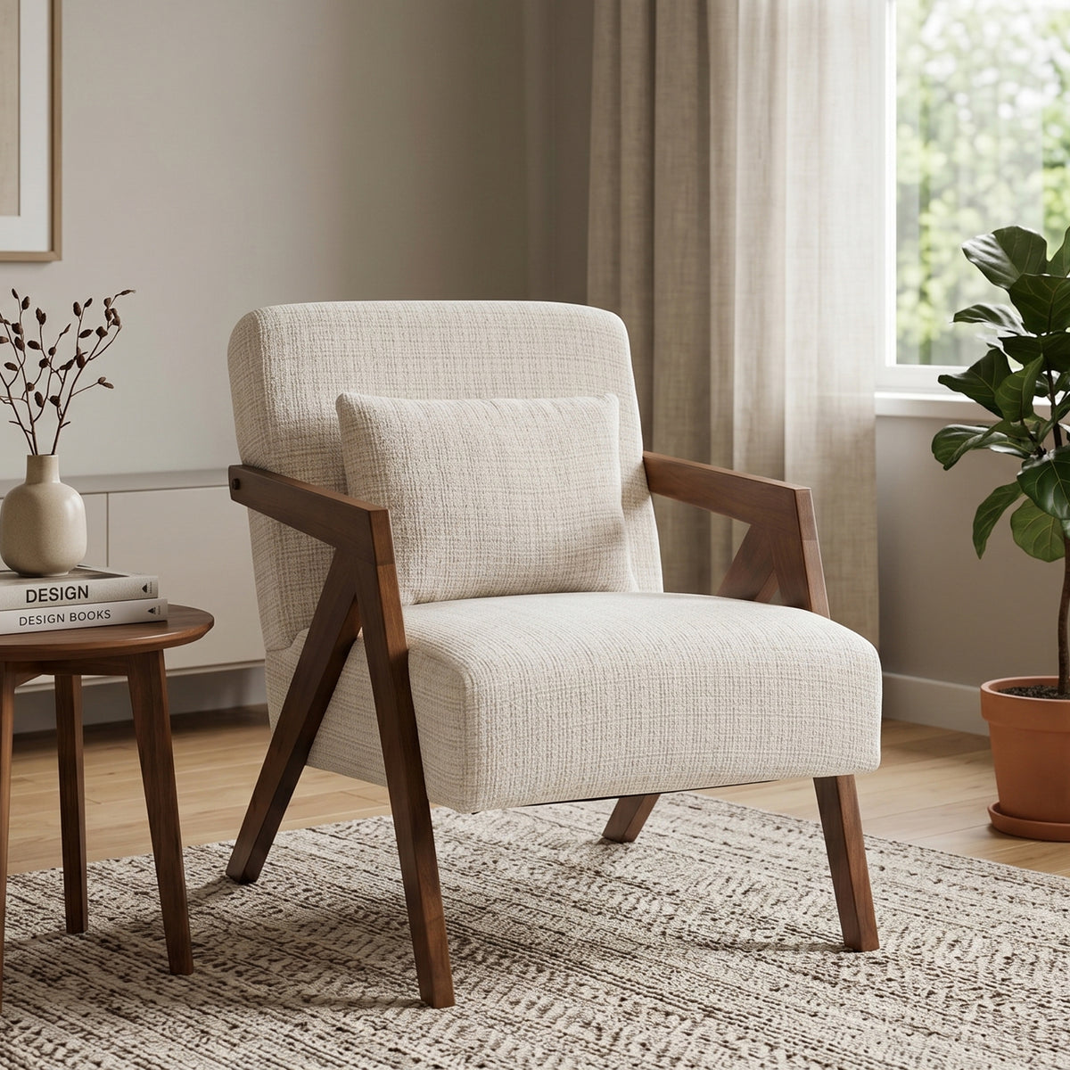 Beige Chenille Accent Chair, Mid-Century