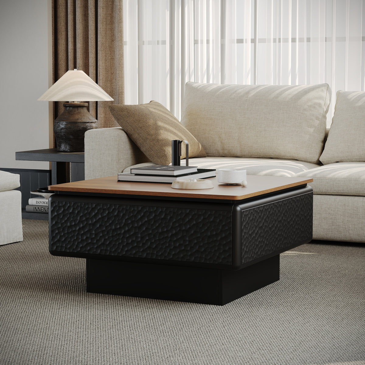 Black and Walnut Hammered Square Lift-Top Coffee Table, 31.5 in