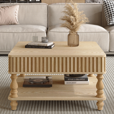 Natural Fluted Square Lift-Top Coffee Table with Shelf, 31.5 in