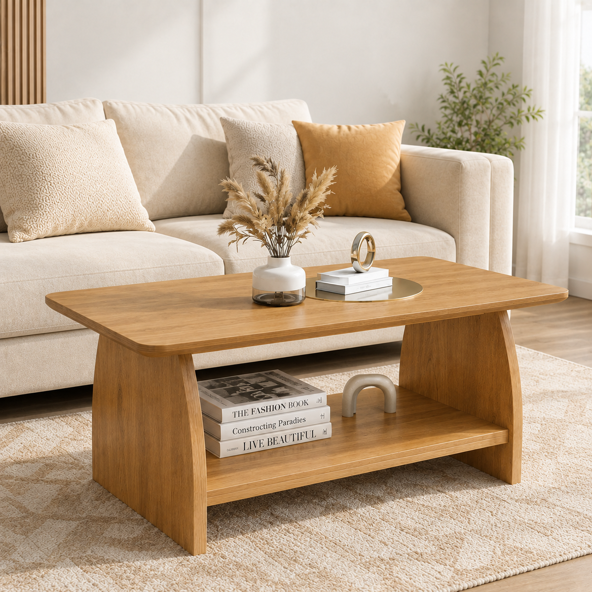 Natural Rectangular Coffee Table with Shelf, 47.2 in