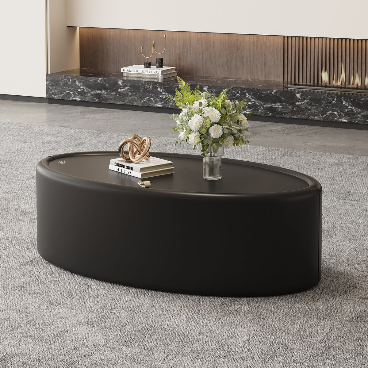 Black Glass-Top Elliptical Oval Coffee Table with Storage, 33.5 in