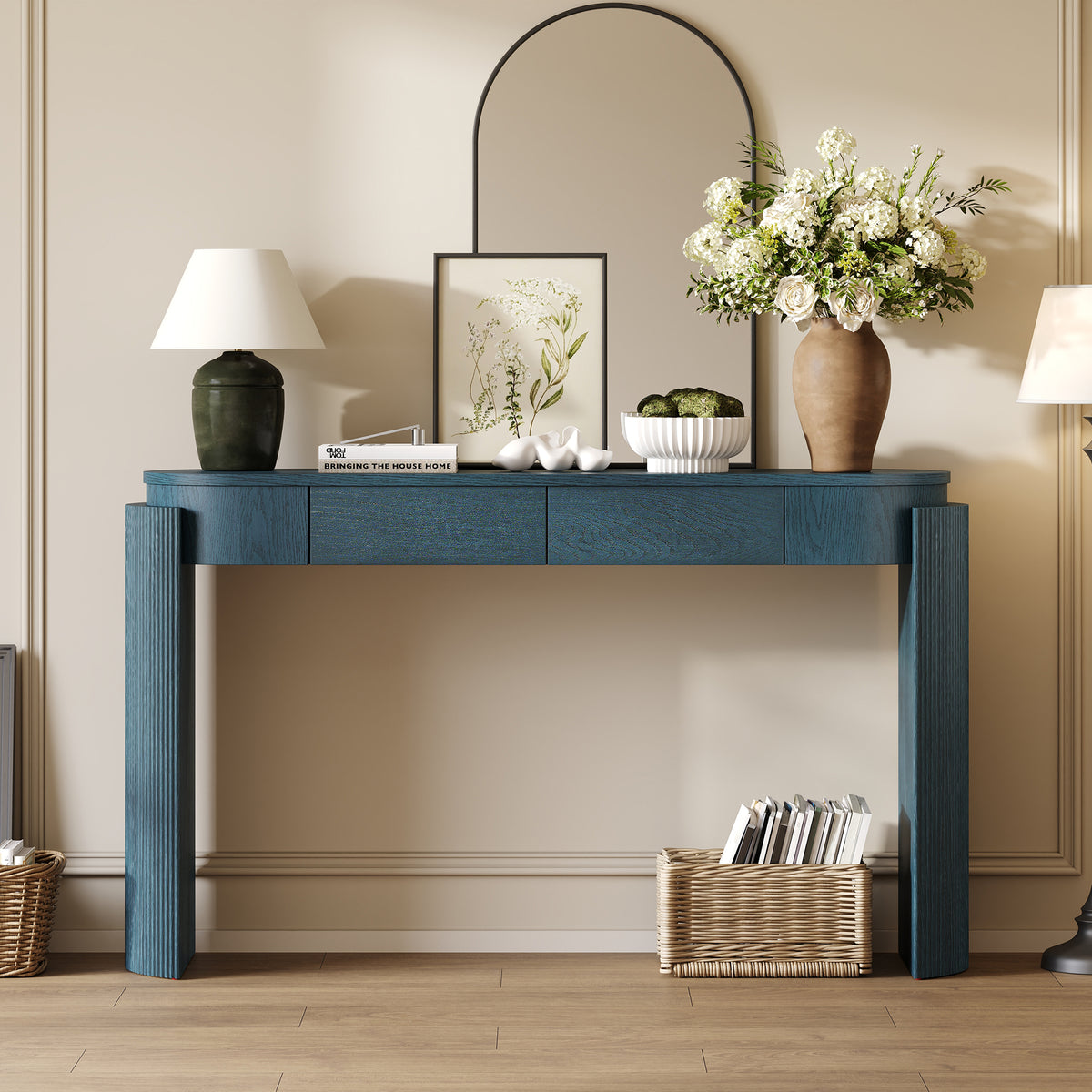 Navy Oval Fluted Entryway Console Table, 2 Drawers, 55.1 in Wide