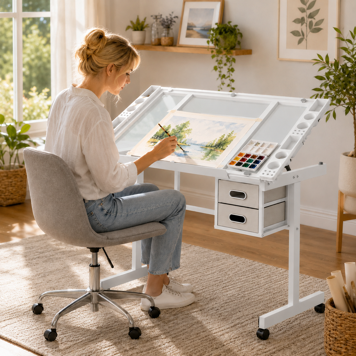 Glass Desk, Rolling, 40.6 in, White