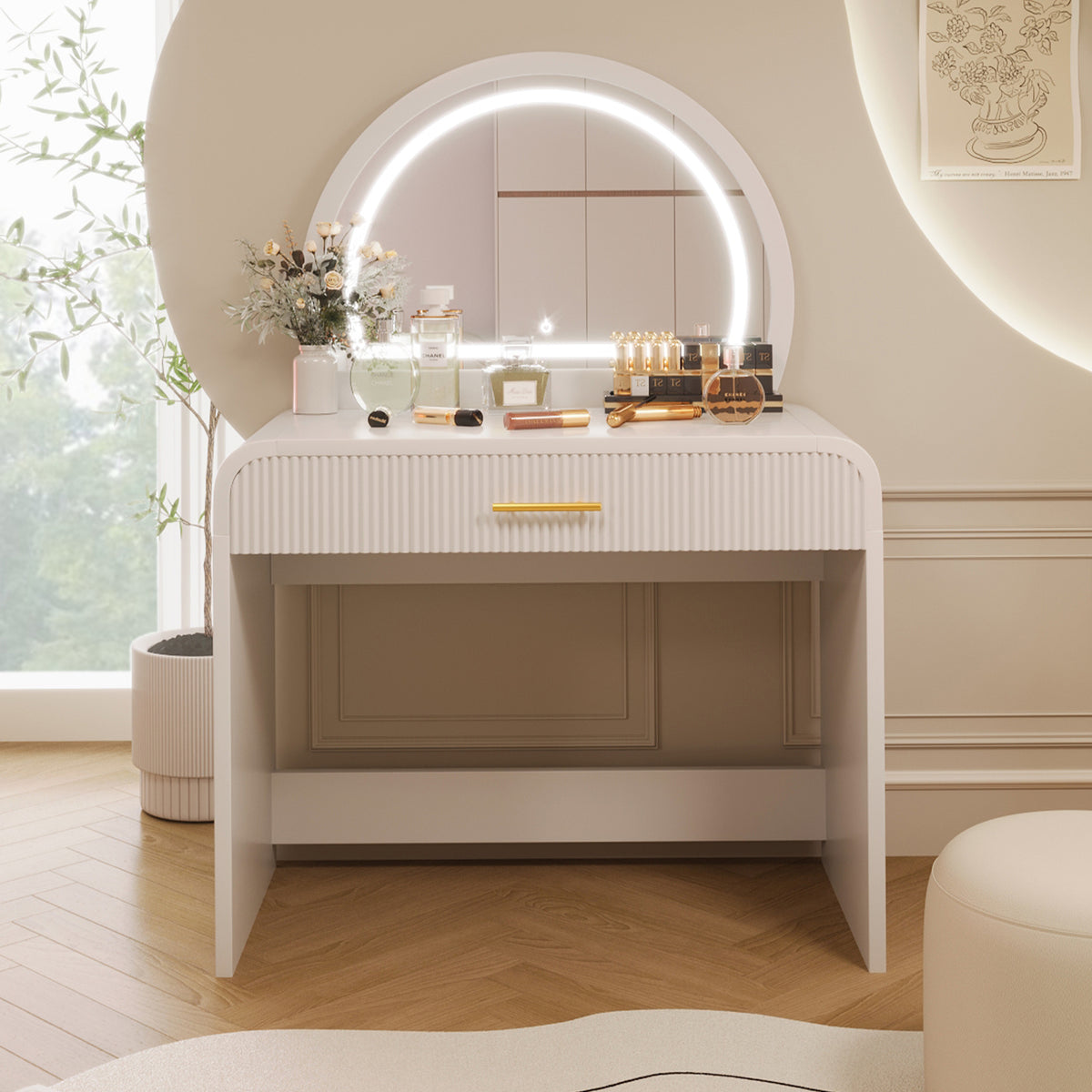 39-Inch White Vanity Desk with LED Lighted Mirror and Drawer