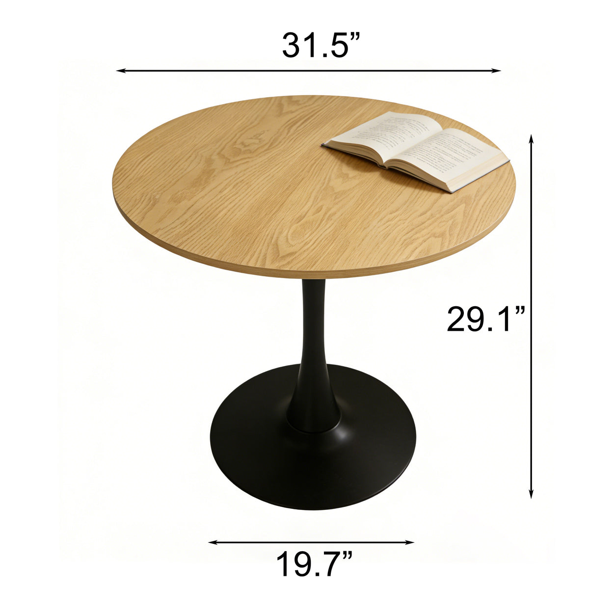Dimension diagram of the natural round pedestal dining table labeled 31.5 inch, 19.7 inch and 29.1 inch