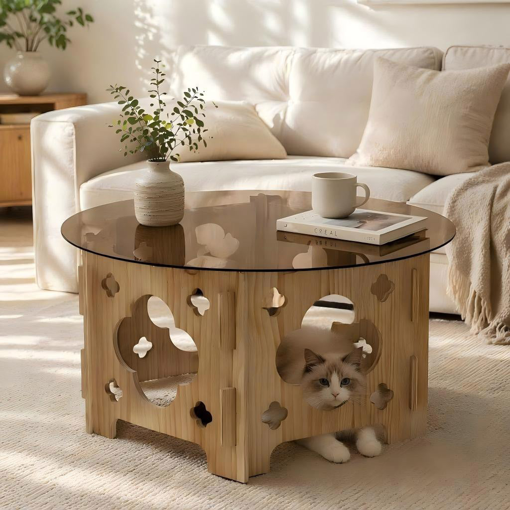 Natural Smoked Glass-Top Round Coffee Table with Cat Hideout, 31.1 in