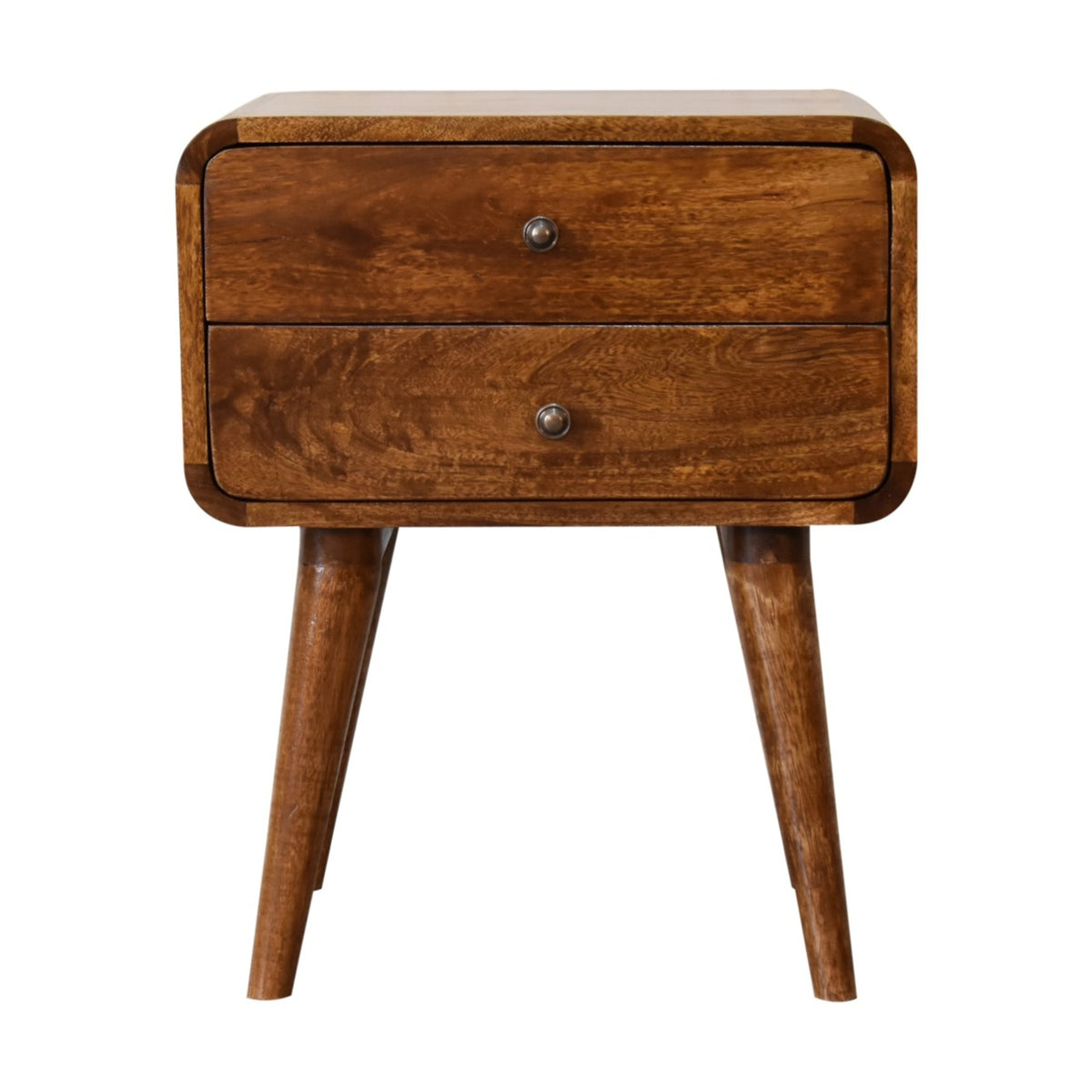Chestnut Solid Mango Wood Curved 2-Drawer Nightstand with Tapered Legs