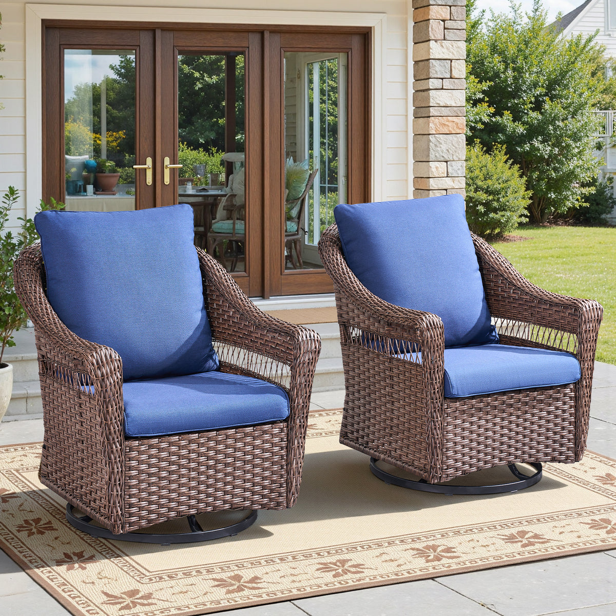 Brown Wicker Outdoor Glider Chair with Blue Cushions, Set of 2