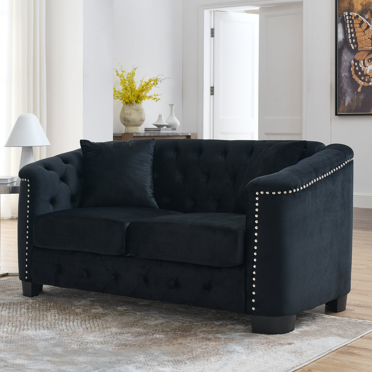 Black Velvet 2-Seat Tufted Chesterfield Sofa, 59 in Wide