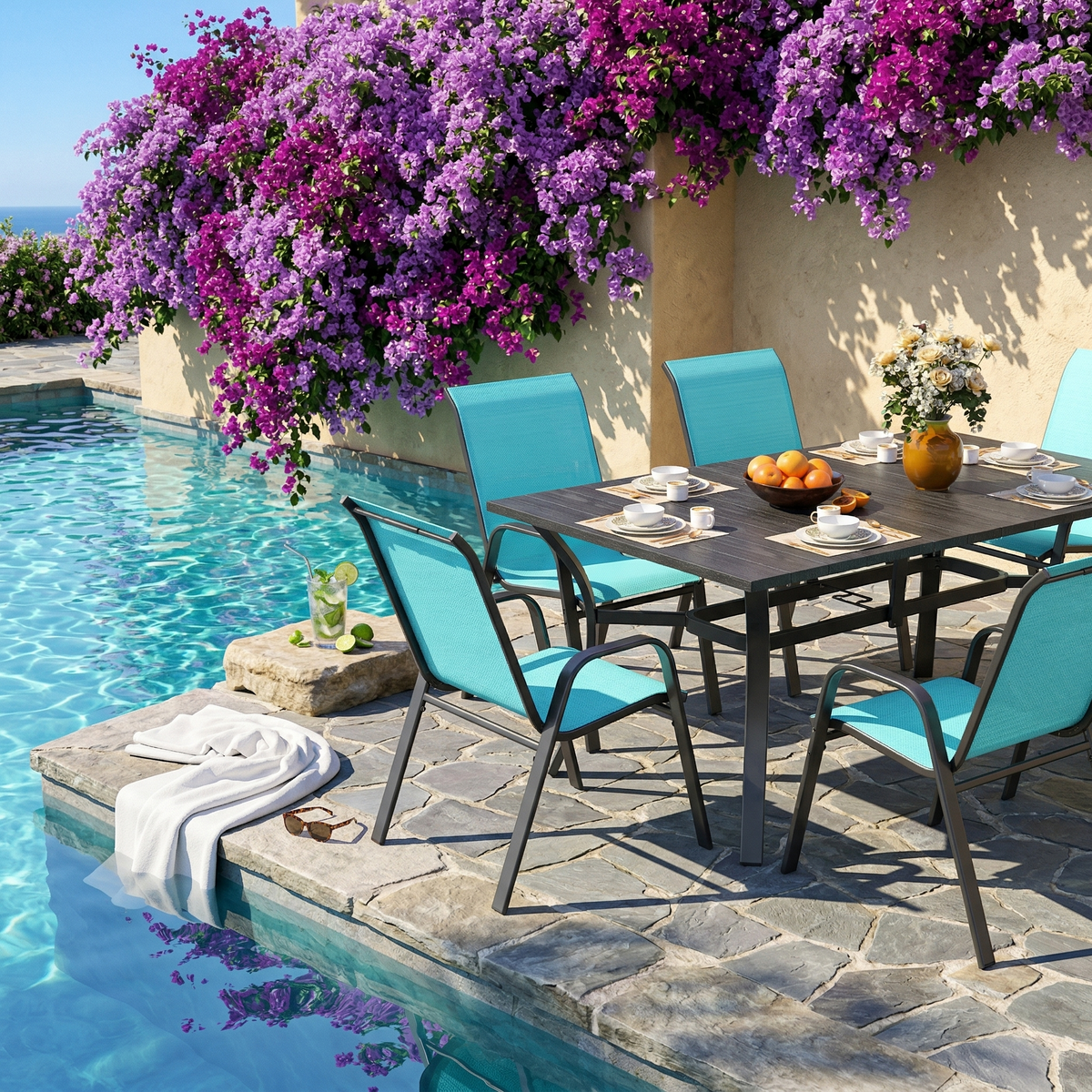 Metal 7-Piece Patio Dining Set for 6 with Umbrella Hole, Black and Sky Blue