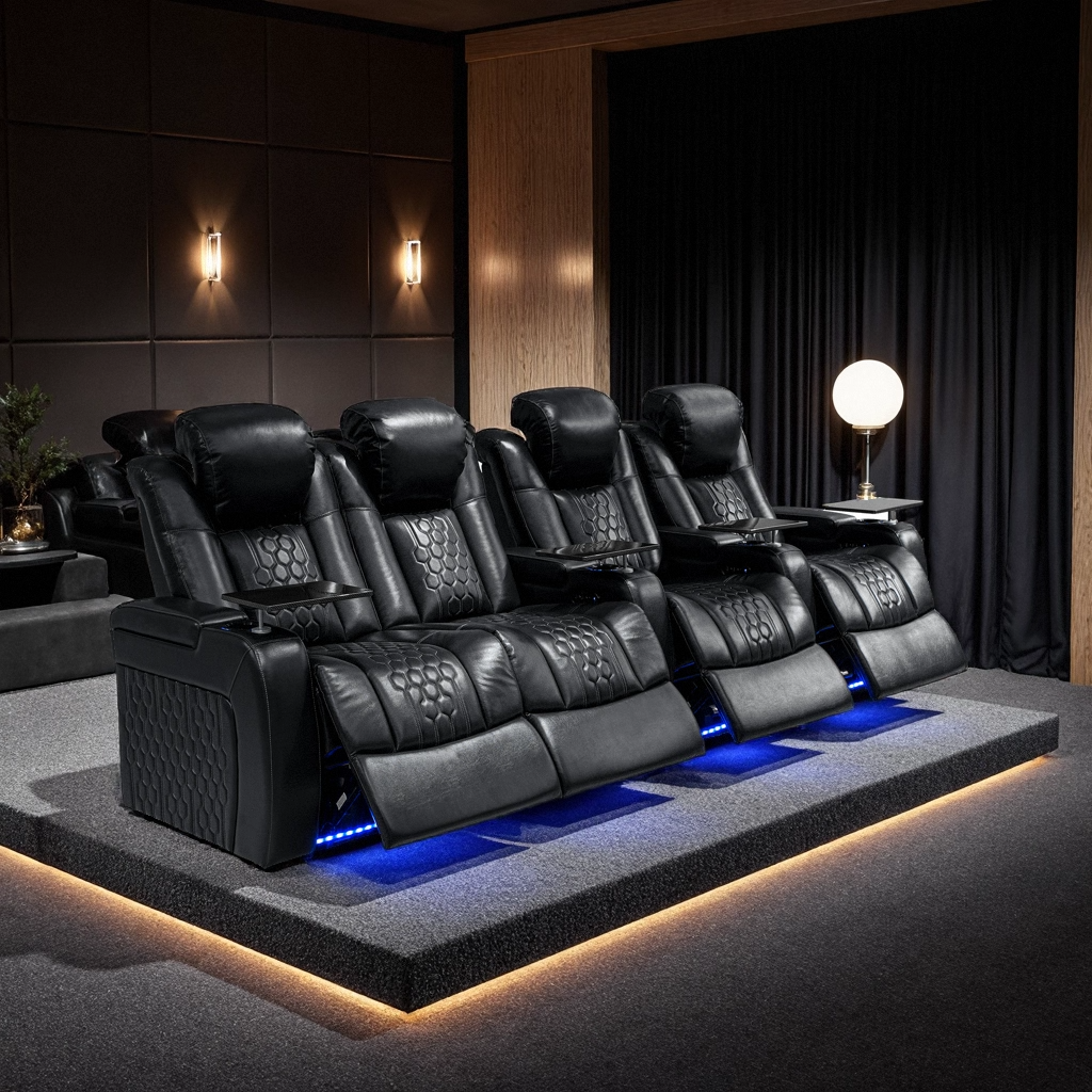 Black Top Grain Leather Power Reclining Sofa, 124.4 in, 23-Color LED