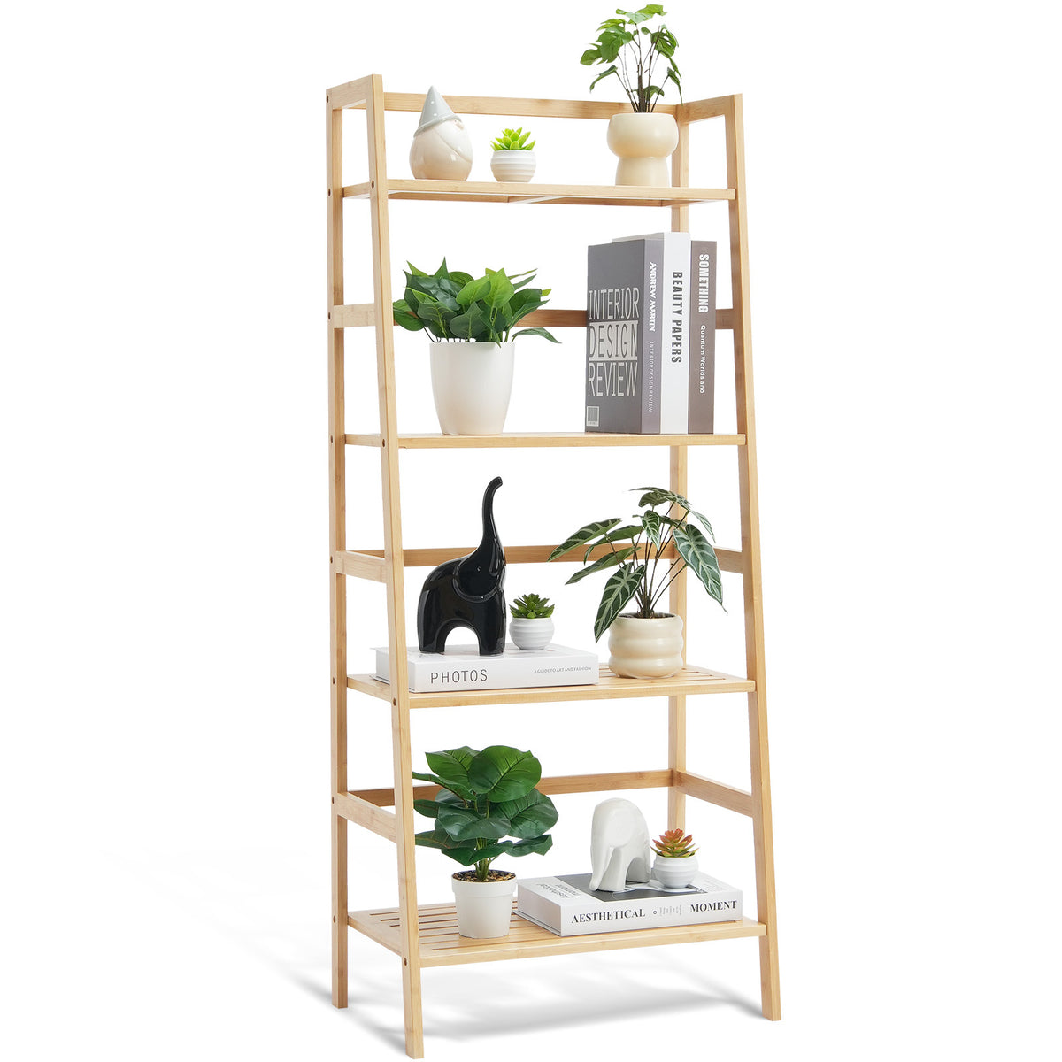 Ladder Rattan Bookcase, 4 Shelves, 49.2 in Tall, Natural