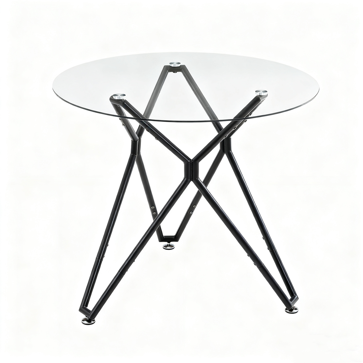 Round clear glass dining table on a black star-shaped metal base with chrome feet on a white background