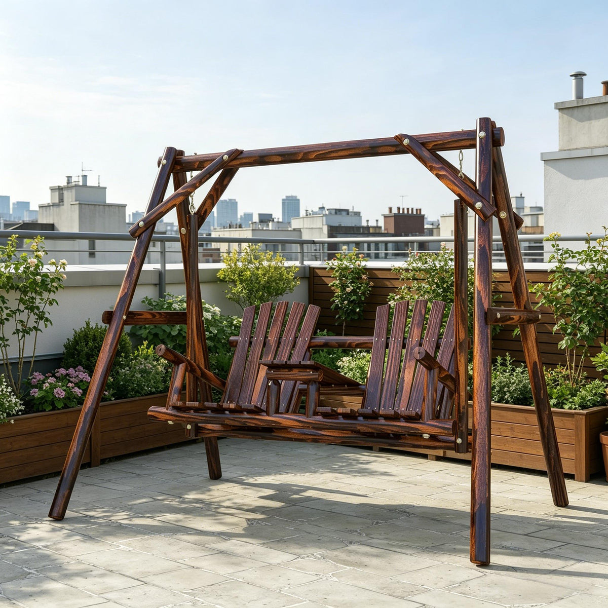 Solid Wood Porch Swing for 2 with Stand, Center Table