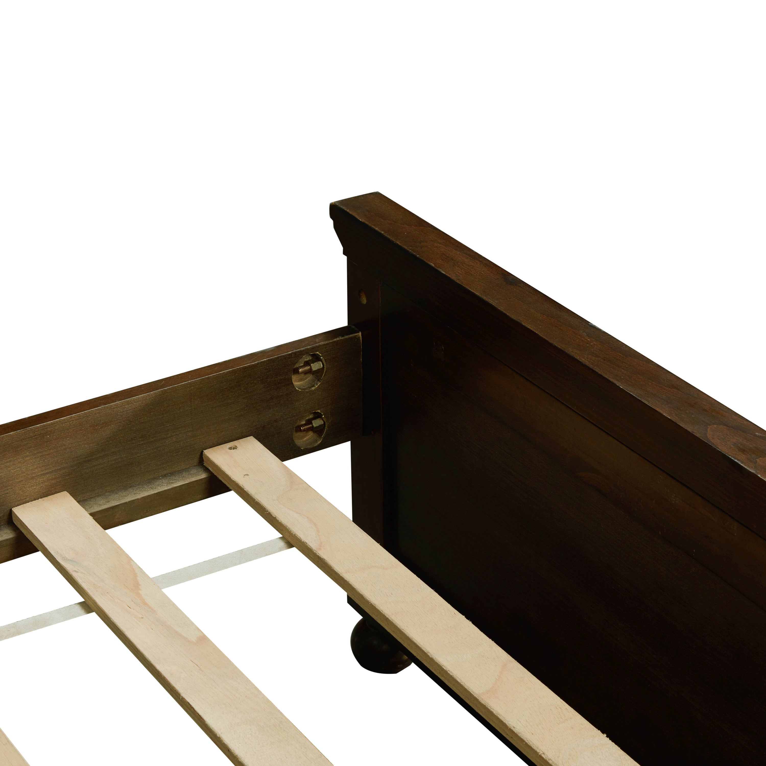 Close-up of the rail-to-post bolt hardware joining the brown queen bed frame