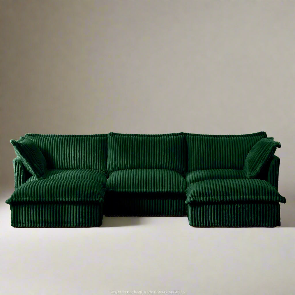 Fluffy 3-Seat Modular Sofa in Corduroy Emerald with 2 ottomans #OttOnly_2 #Fabric_Corduroy Emerald