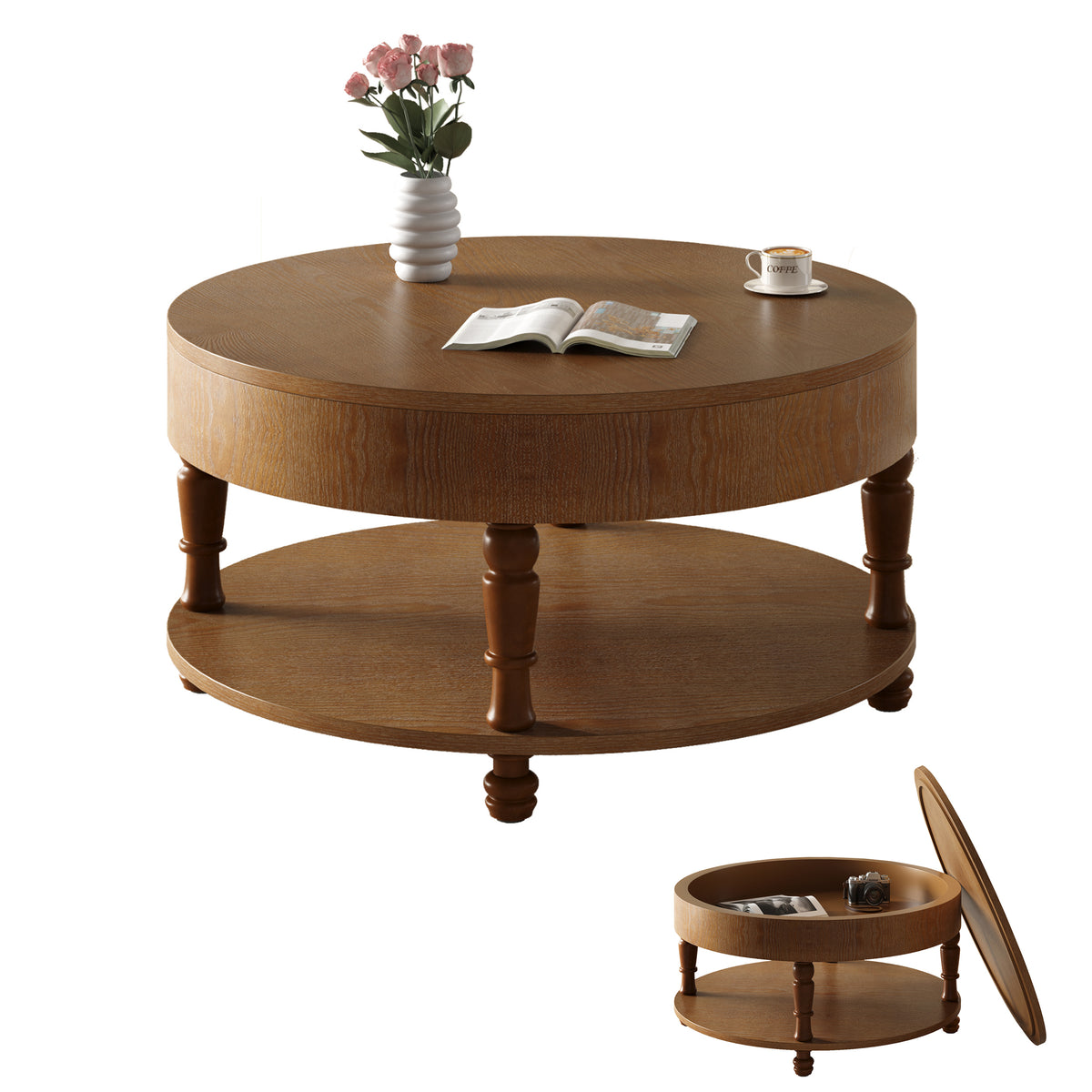 Walnut Two-Tier Round Coffee Table with Storage, 31.5 in, 21.3 in Tall