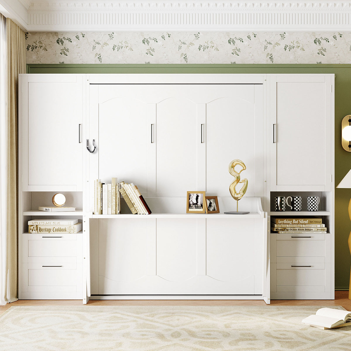 Queen Murphy Bed with Wardrobe, Drawers & Under-Bed Shelf, White