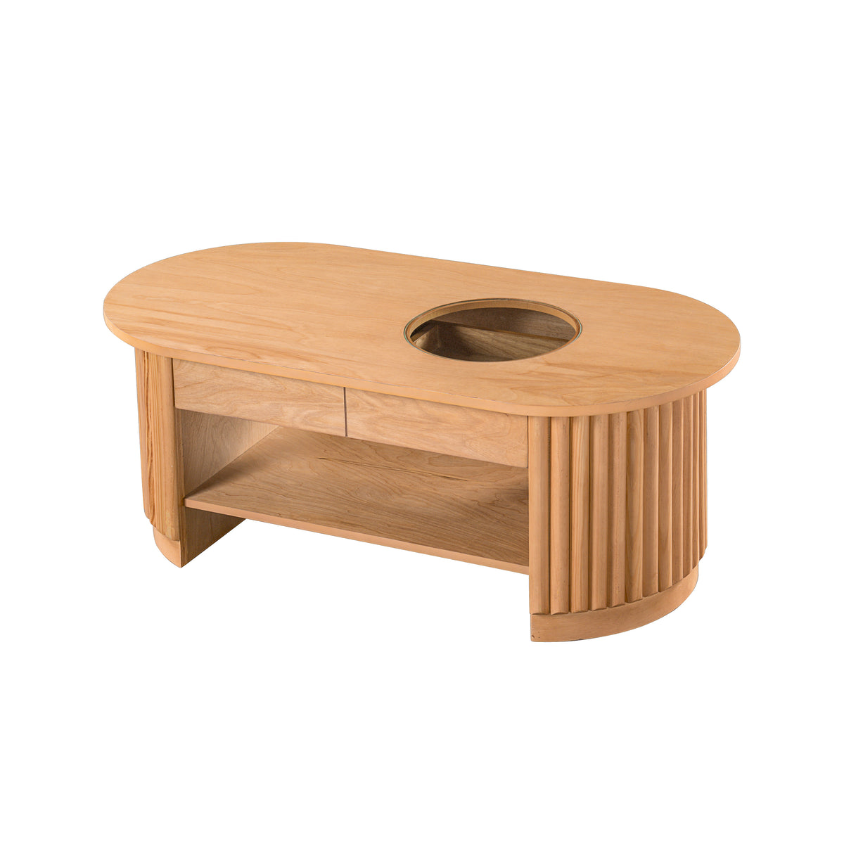 Natural Fluted Oval Coffee Table with Drawers and Shelf, 43.7 in