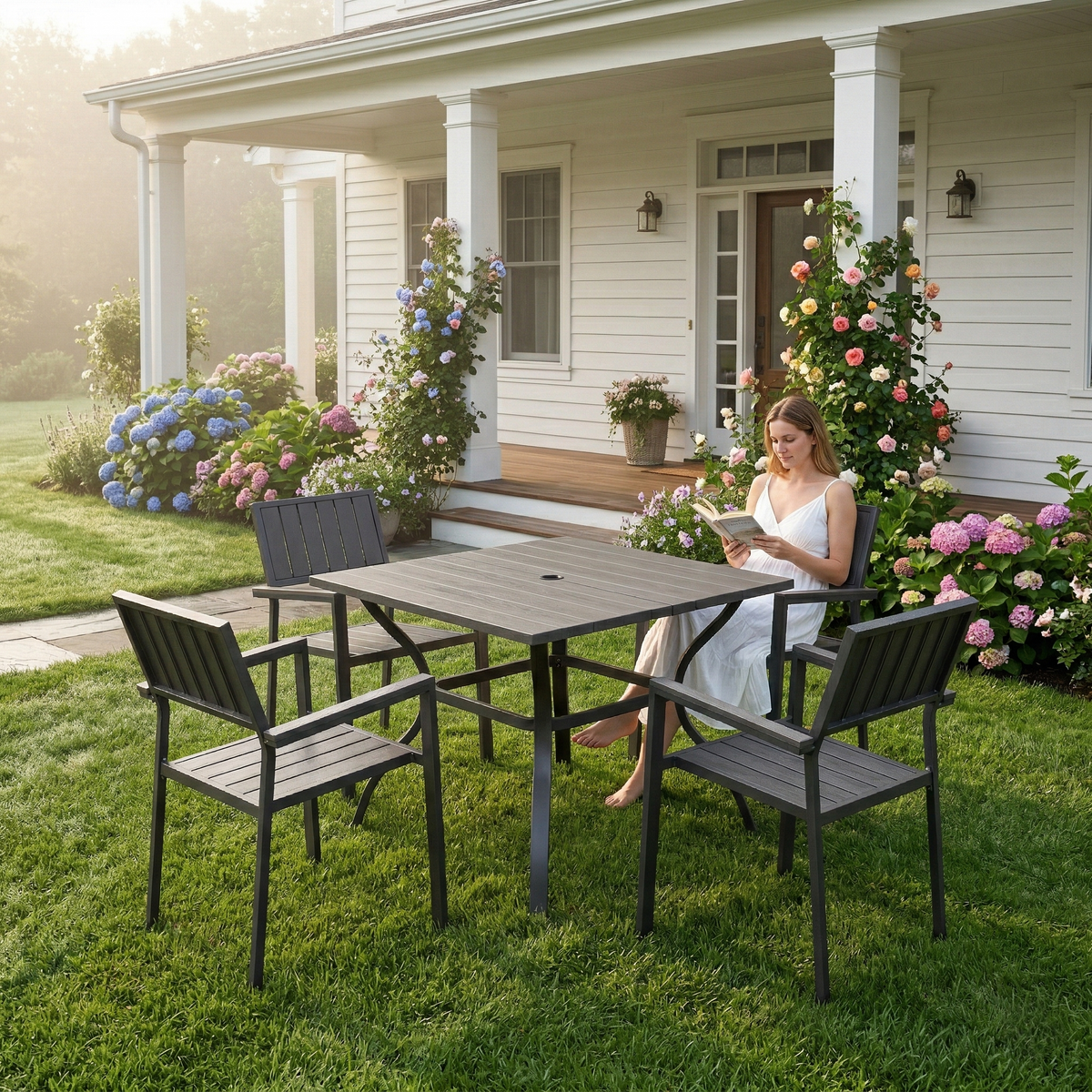 Black Metal 5-Piece Patio Dining Set for 4 with Umbrella Hole, Square