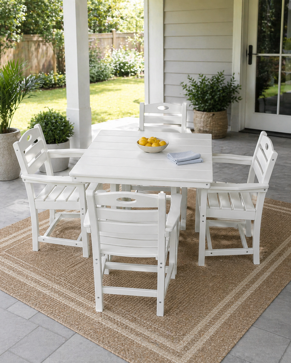 White HDPE 5-Piece Patio Dining Set for 4 with Umbrella Hole, with Arms