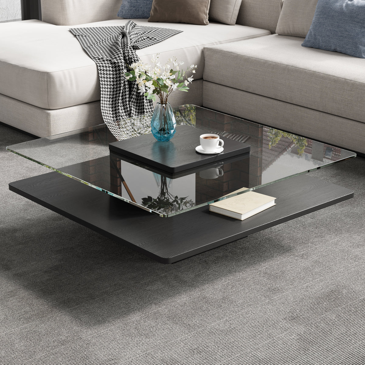 Black Glass-Top Square Pedestal Coffee Table with Shelf, 31.5 in