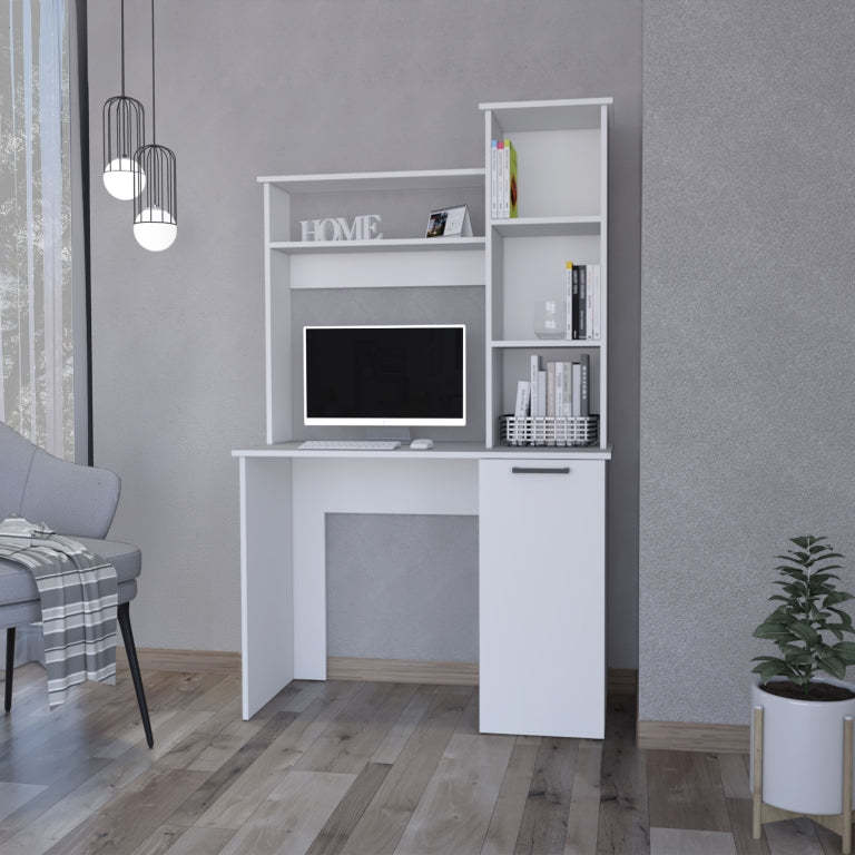 Computer Desk with Hutch, 3 Shelves, 38.7 in, White, 64.2 in Tall