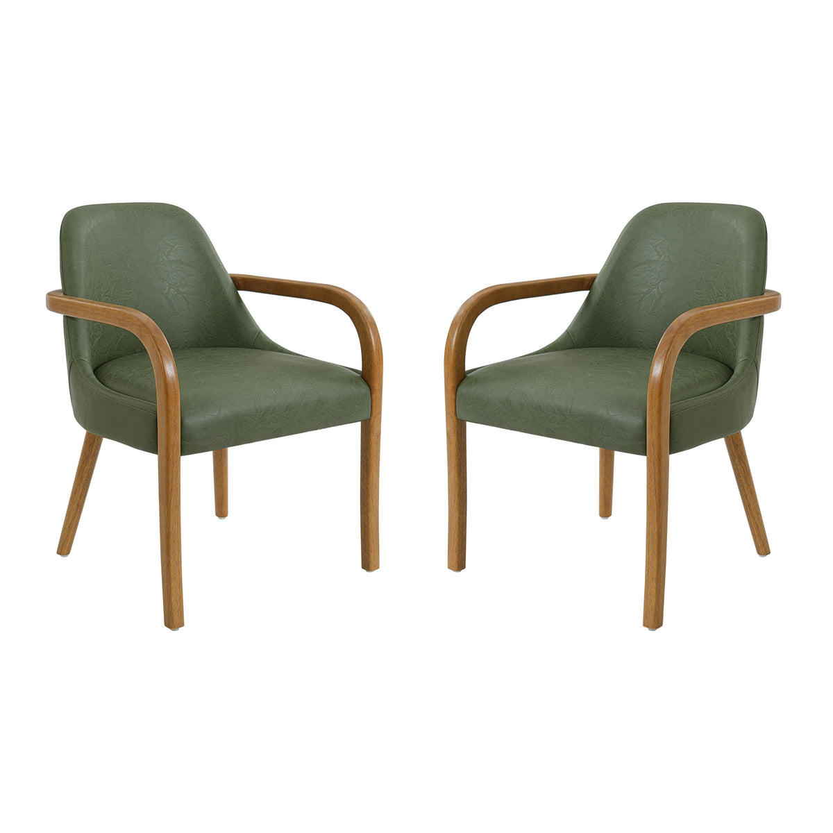 Mid-Century Dining Armchairs Set of 2, Green Vegan Leather