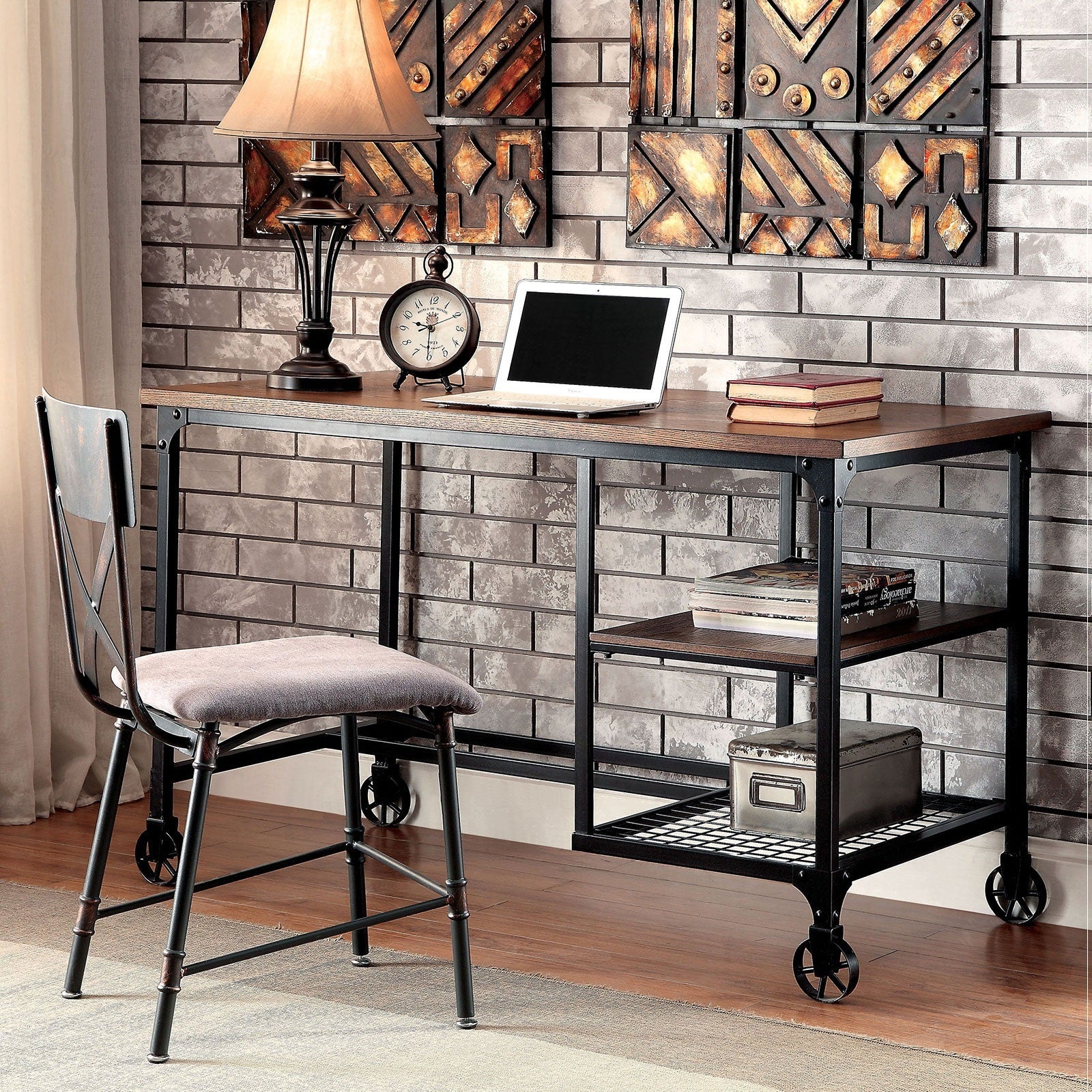 Industrial Metal Computer Desk, Rolling, 48 in, Antique Black