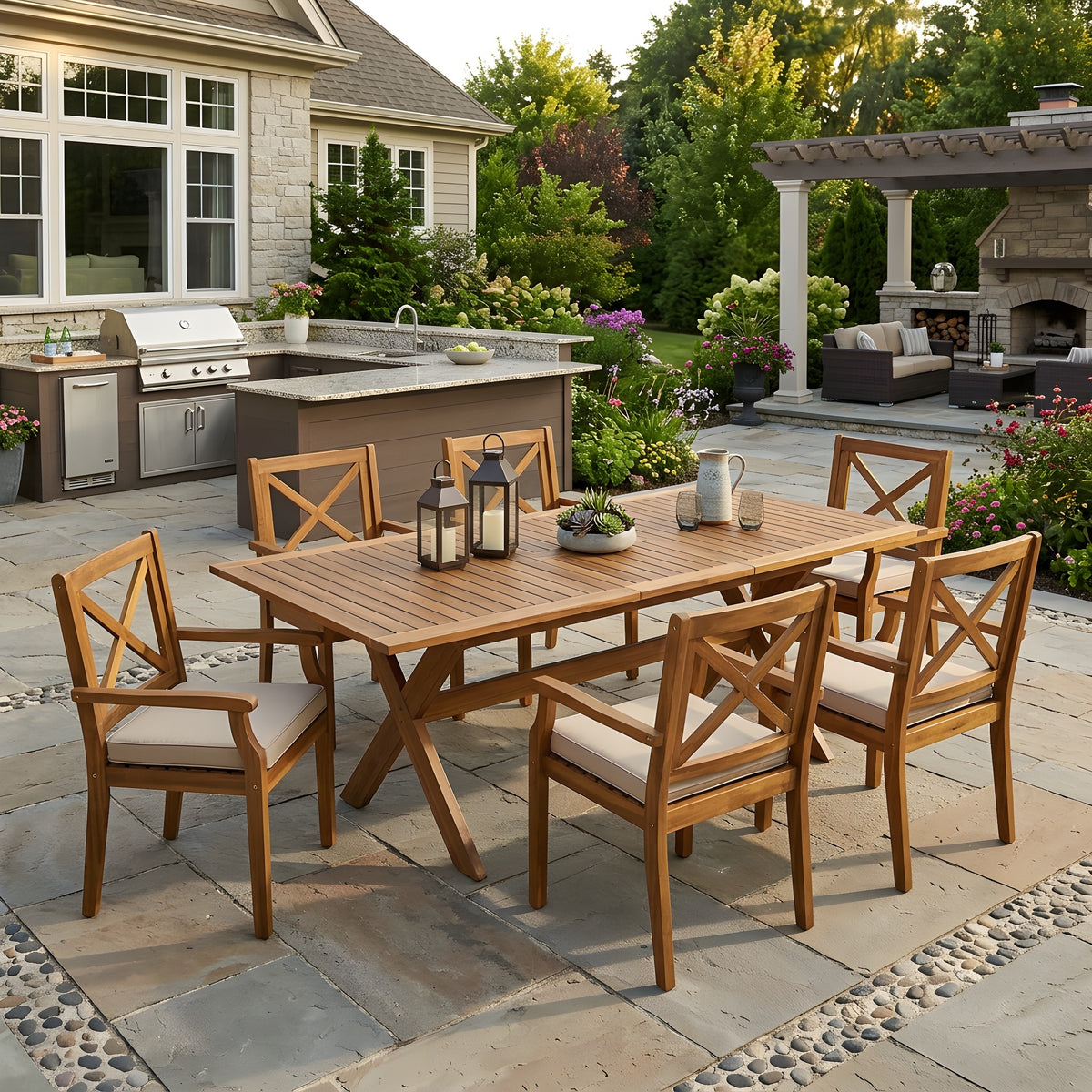 Teak Finish Solid Wood 7-Piece Patio Dining Set for 6 with Cream Cushions