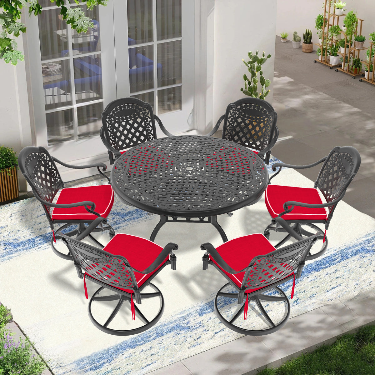 Black Aluminum 7-Piece Patio Dining Set for 6 with Cushions, Round